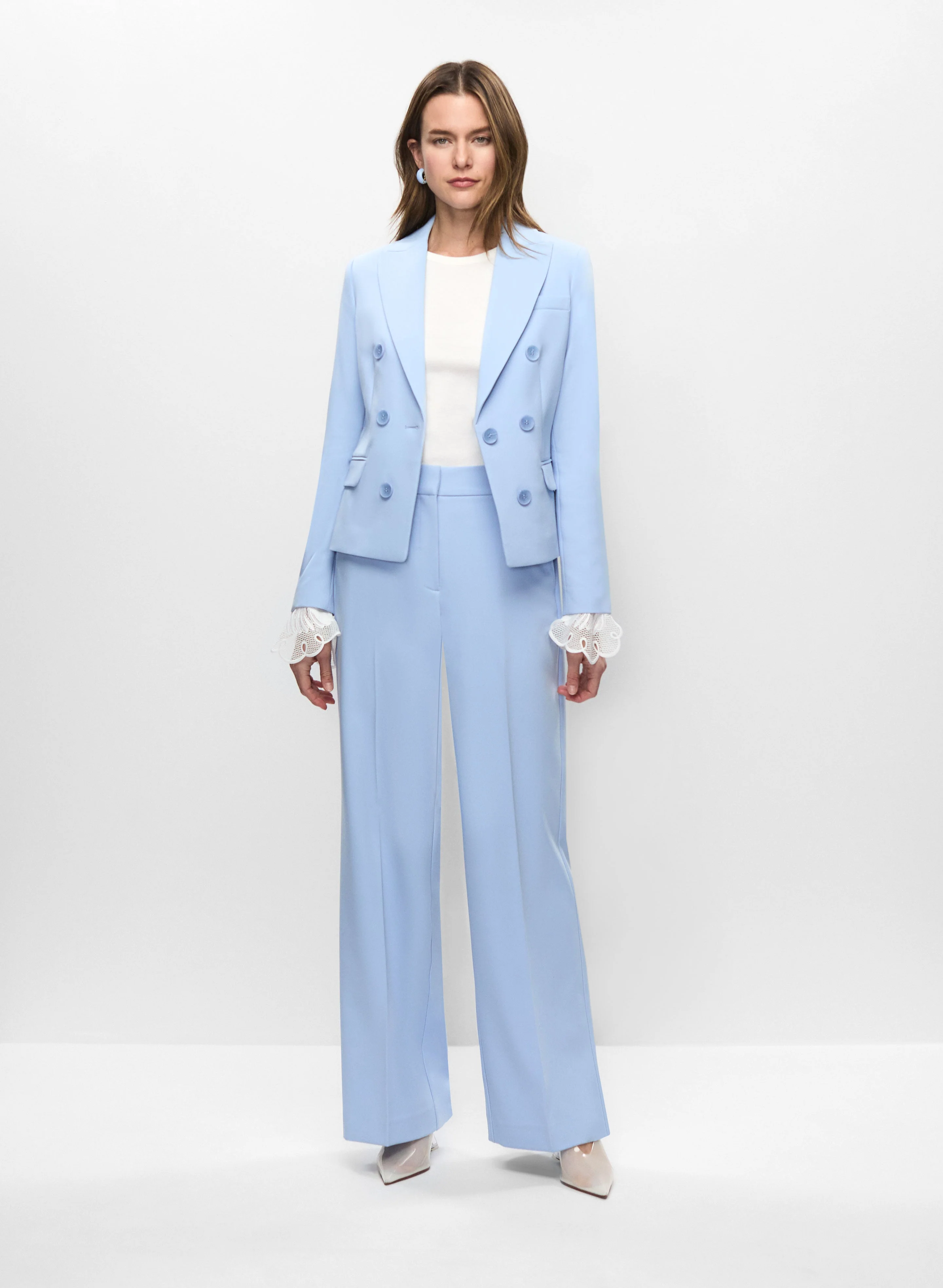 Button Detail Blazer, Lace Detail Top & Wide Leg Pants