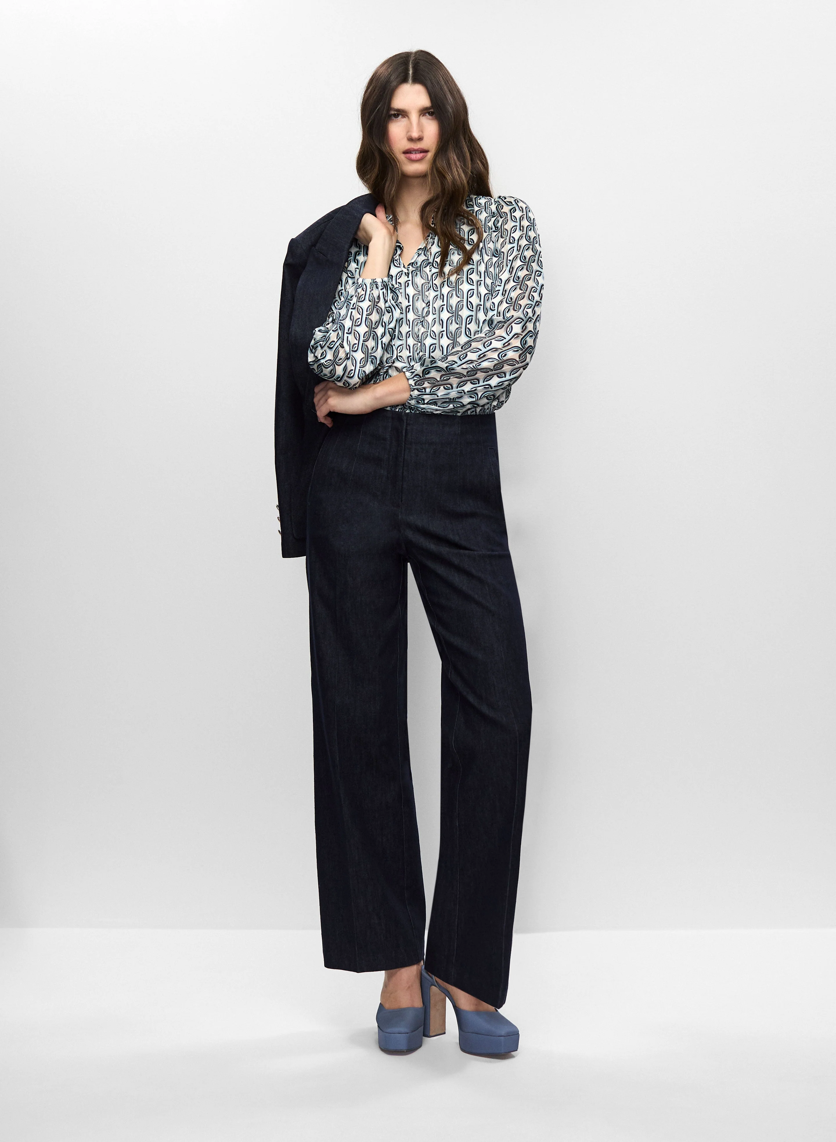 Chain Print Top & Wide Leg Denim Pants