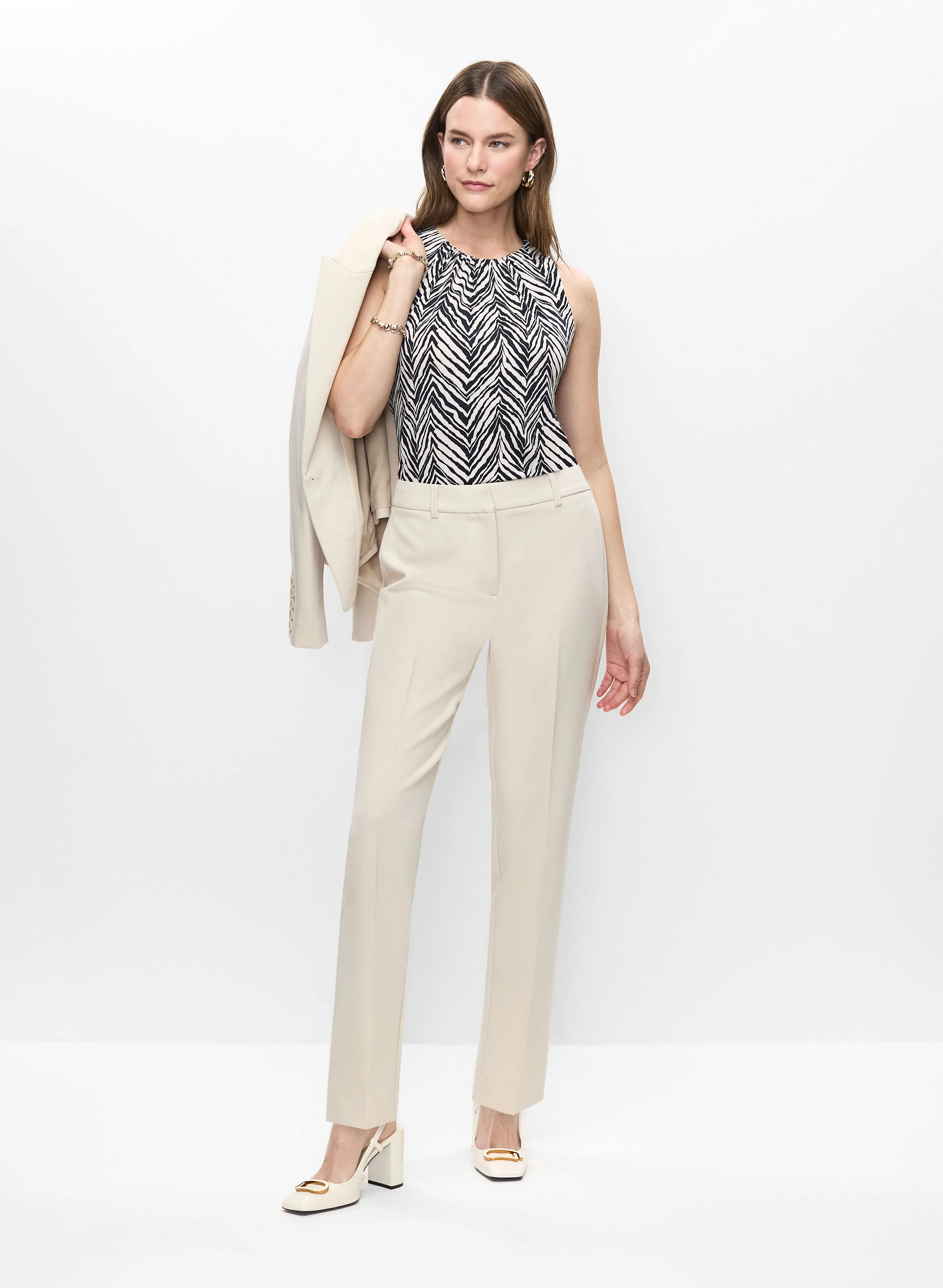 Button Detail Blazer, Chevron Motif Top & Slim Leg Pants