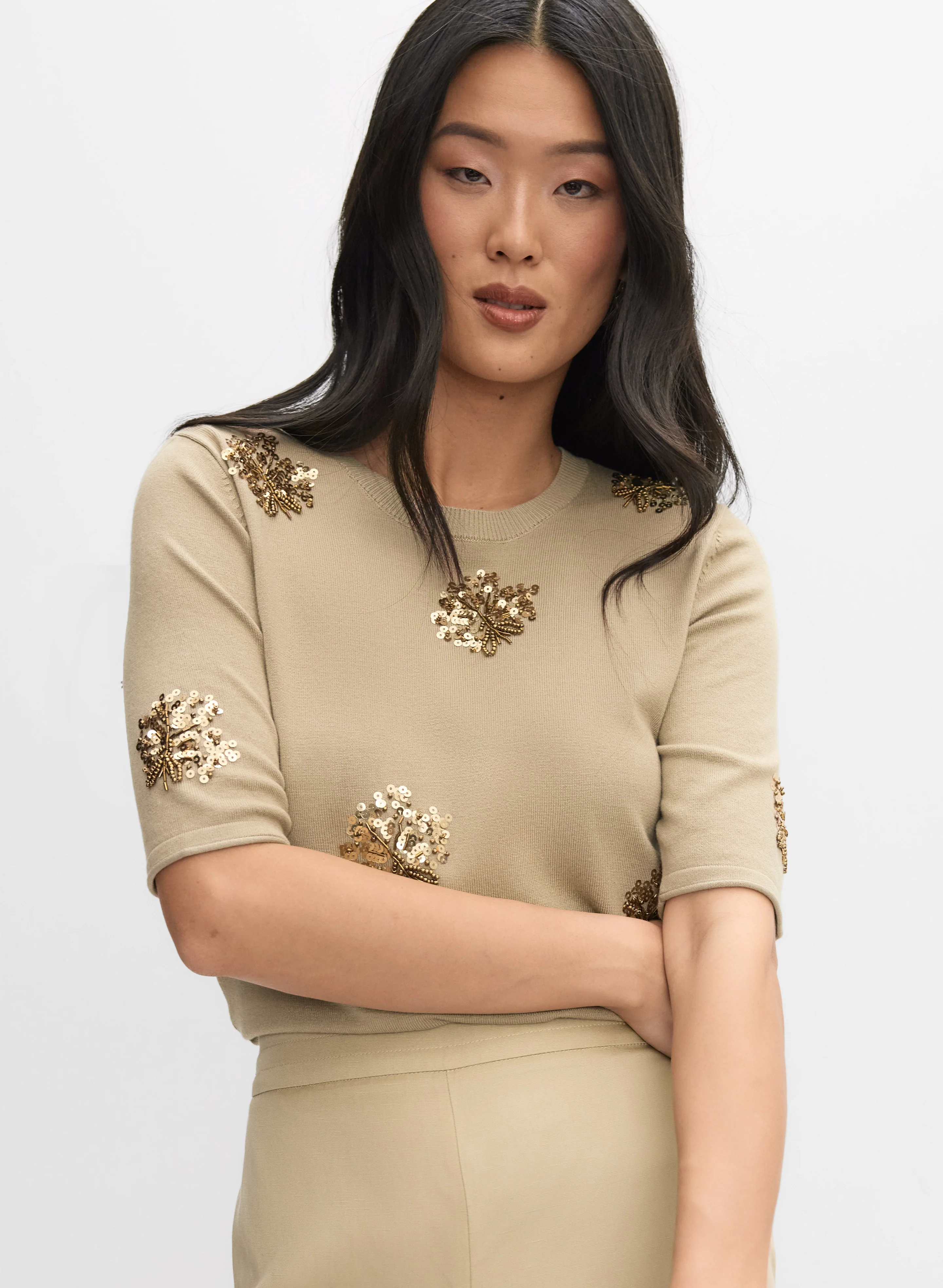 Bead & Sequin Leaf Pullover