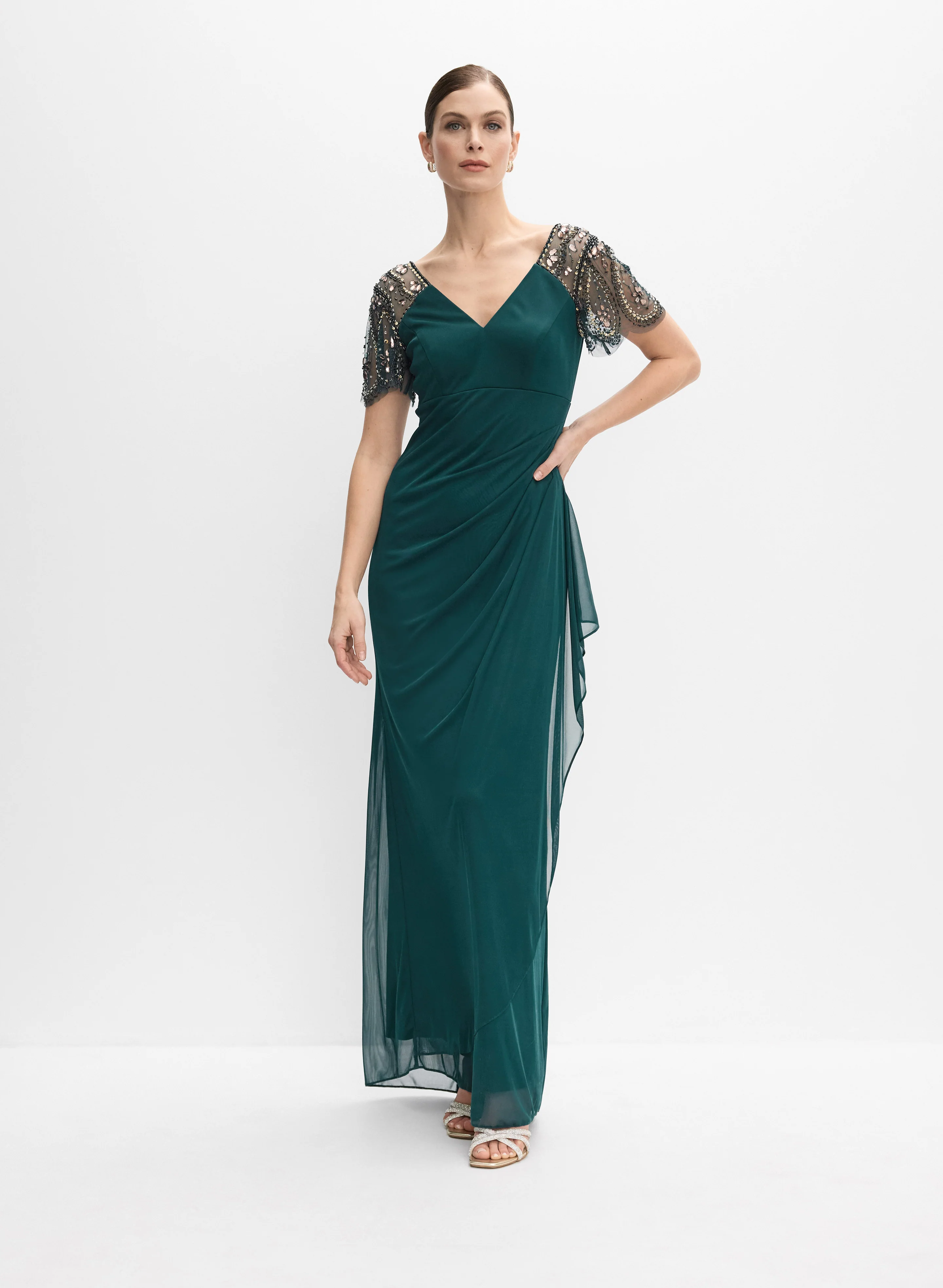 BA Nites - Beaded Flutter Sleeve Dress