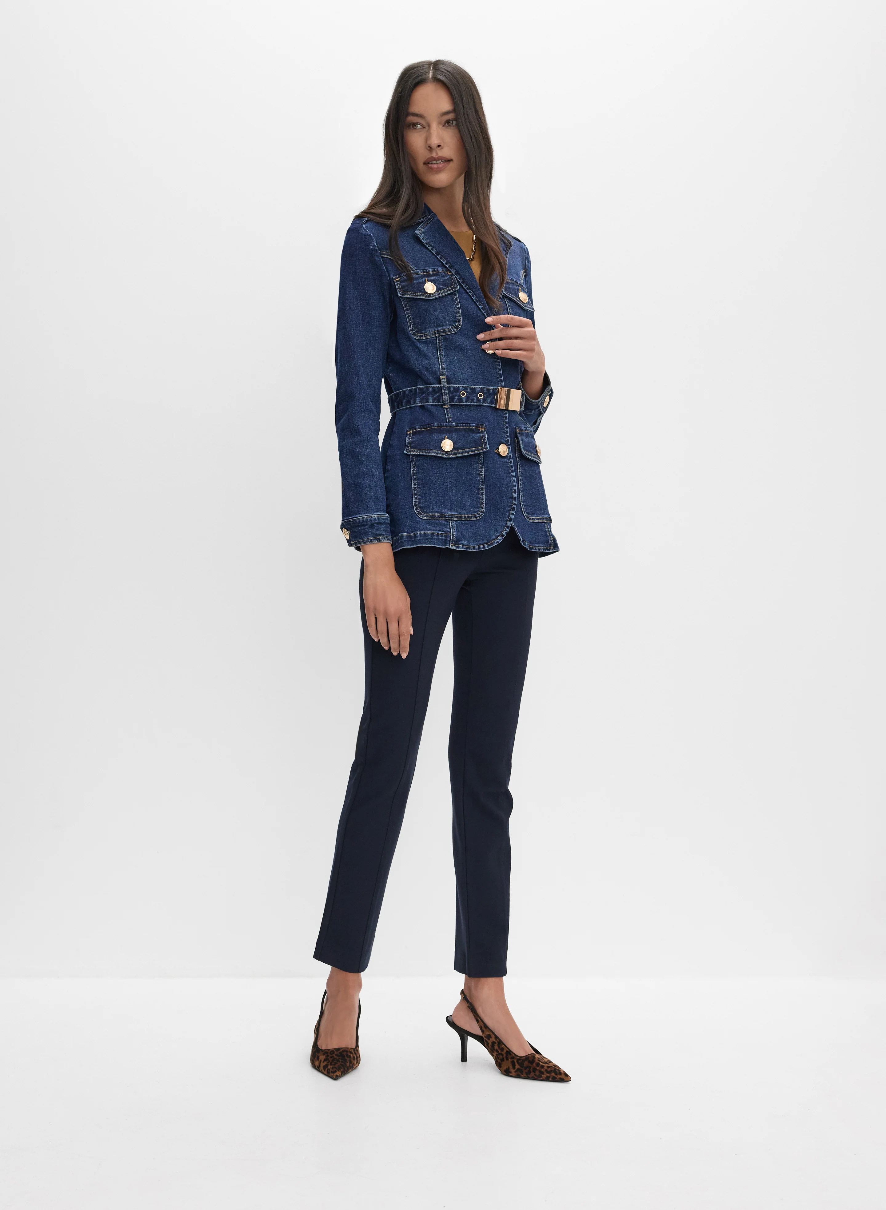 Belted Denim Blazer & Madison Slim-Leg Pants