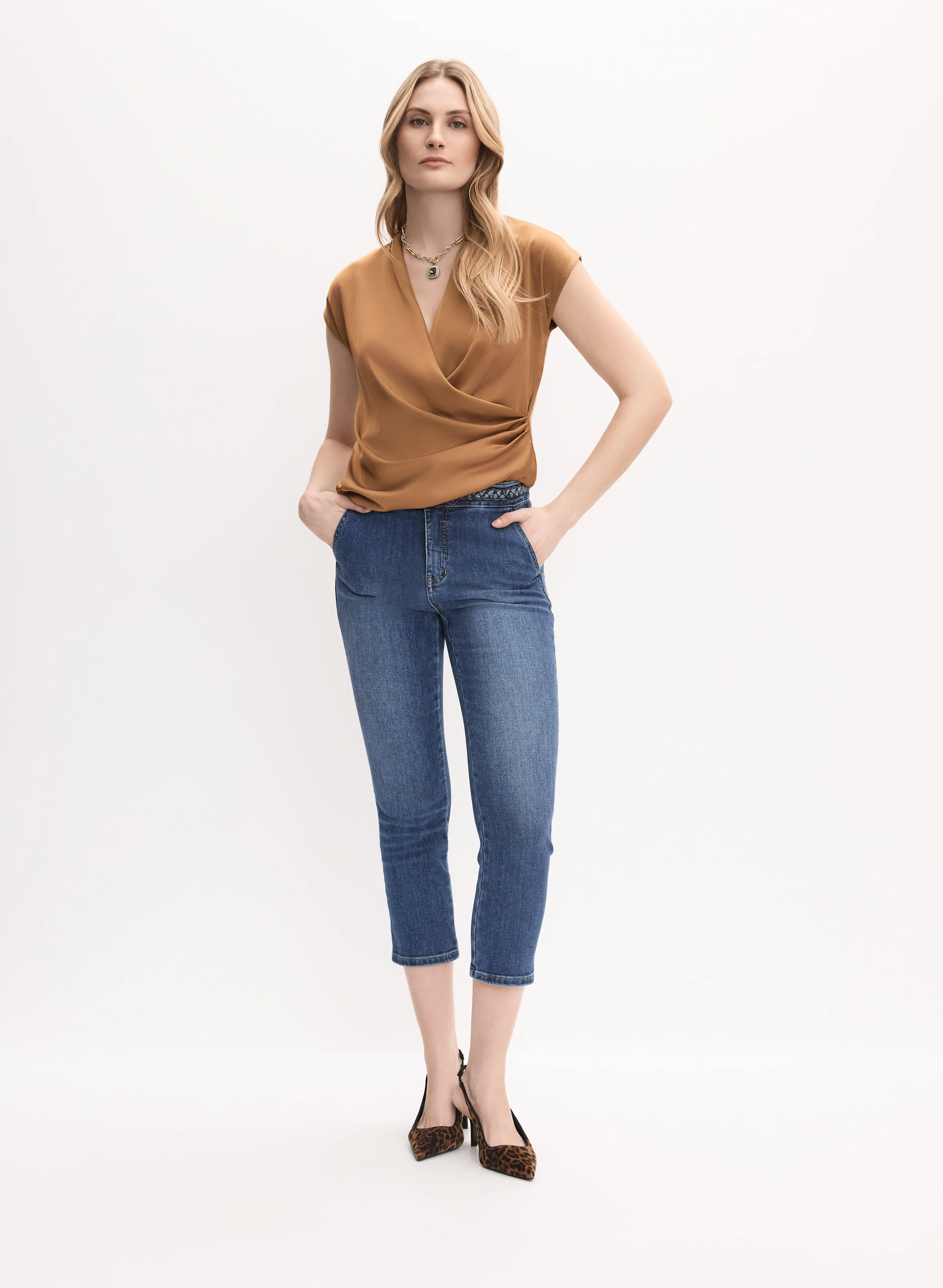 Braided Waist Trim Denim Capris - Image 3