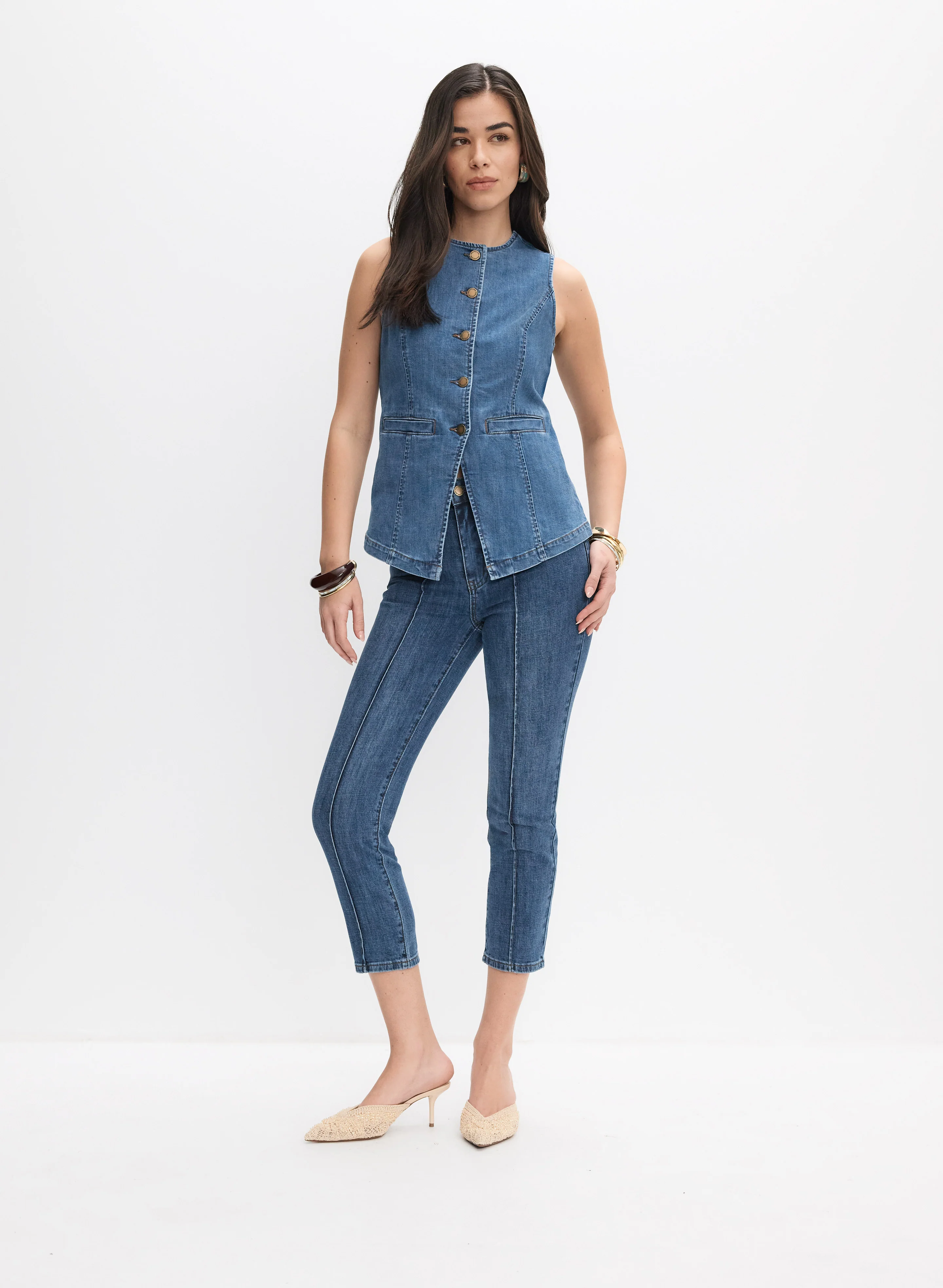 Button Denim Vest & Straight-Leg Denim Capris