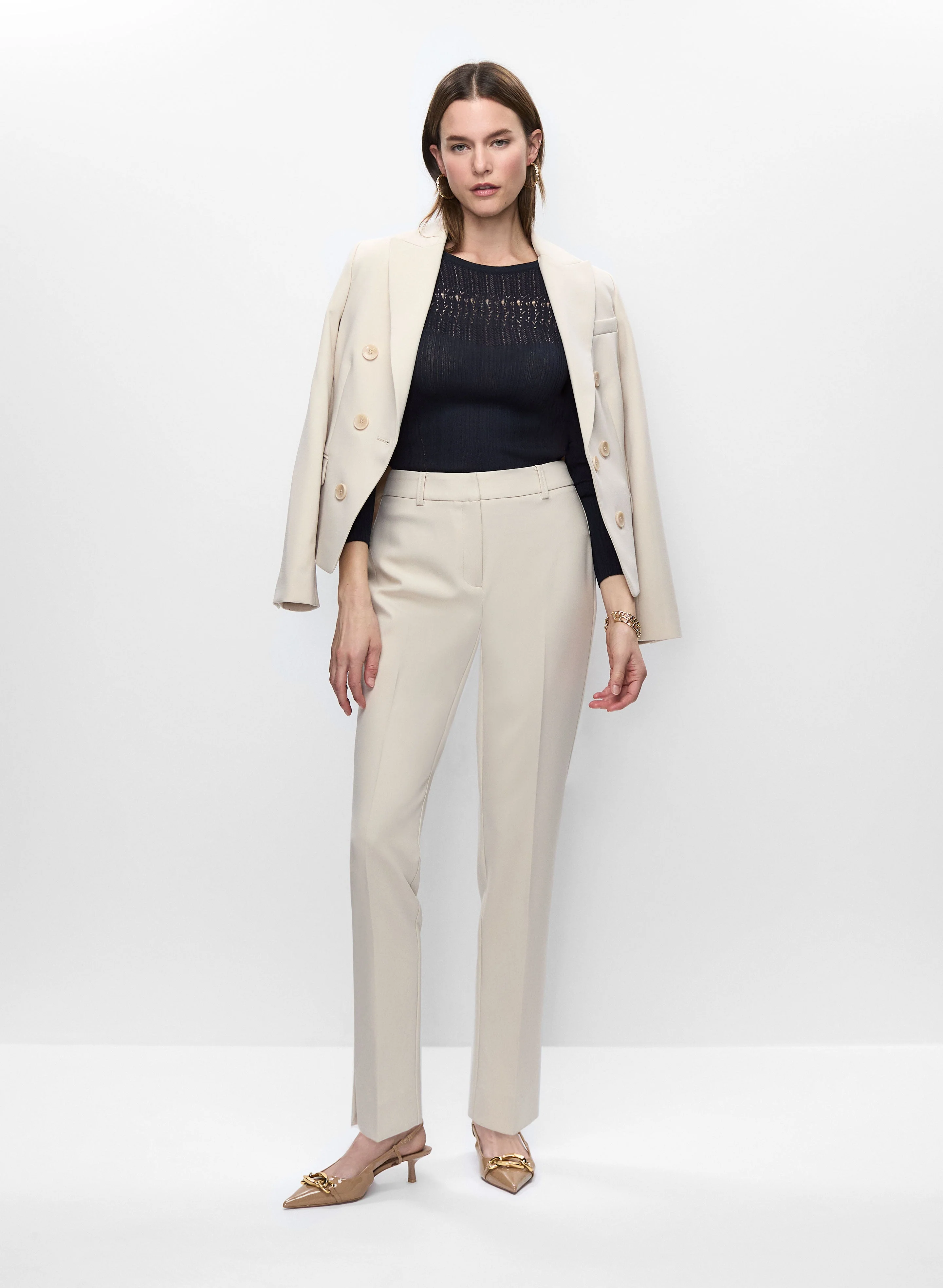 Button Detail Blazer, Pointelle Knit & Slim Leg Pants