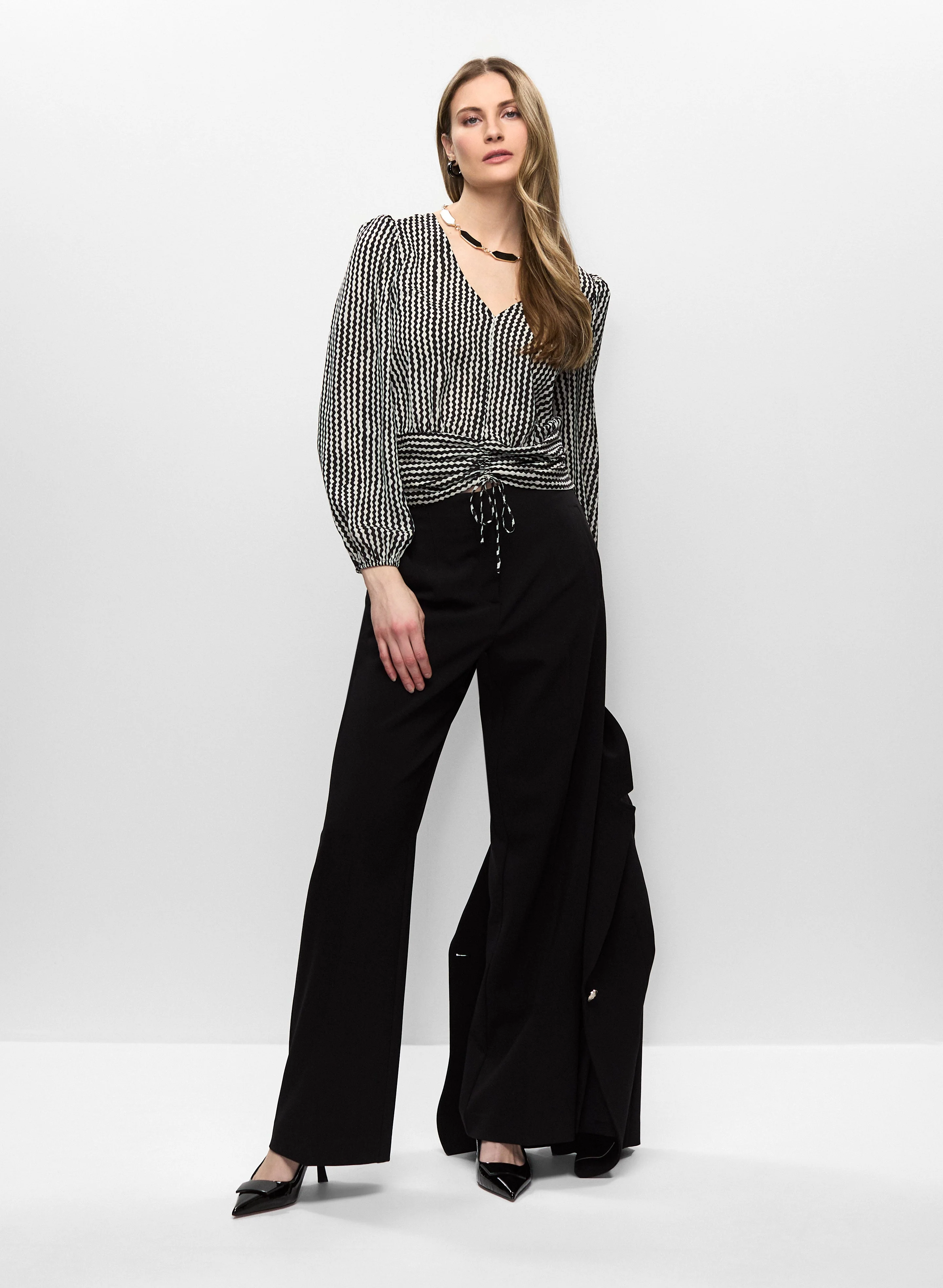 Single-Button Blazer, Geometric Blouse & Wide Leg Pants