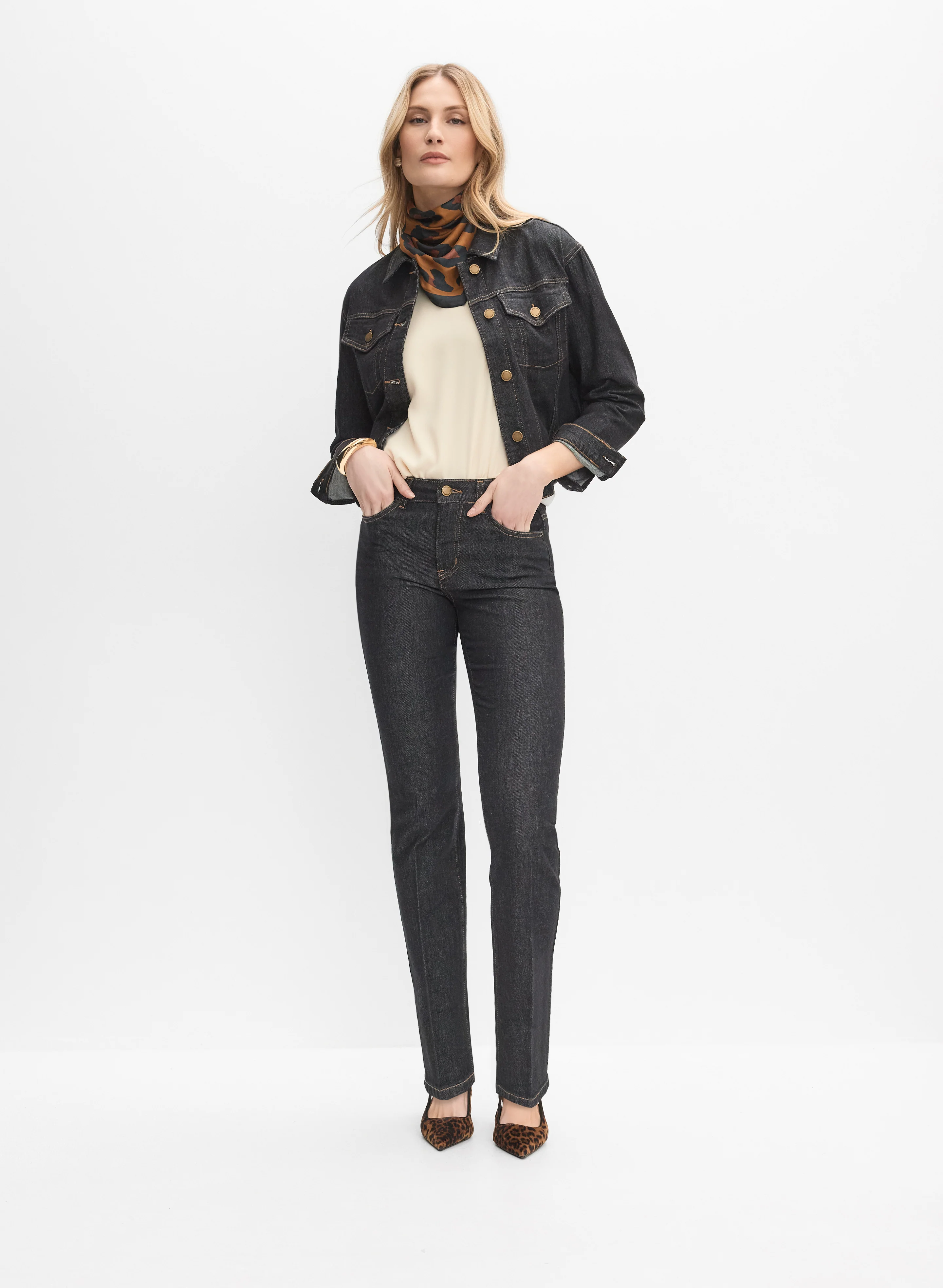 Button-Down Denim Jacket & V-Neck Crepe Blouse