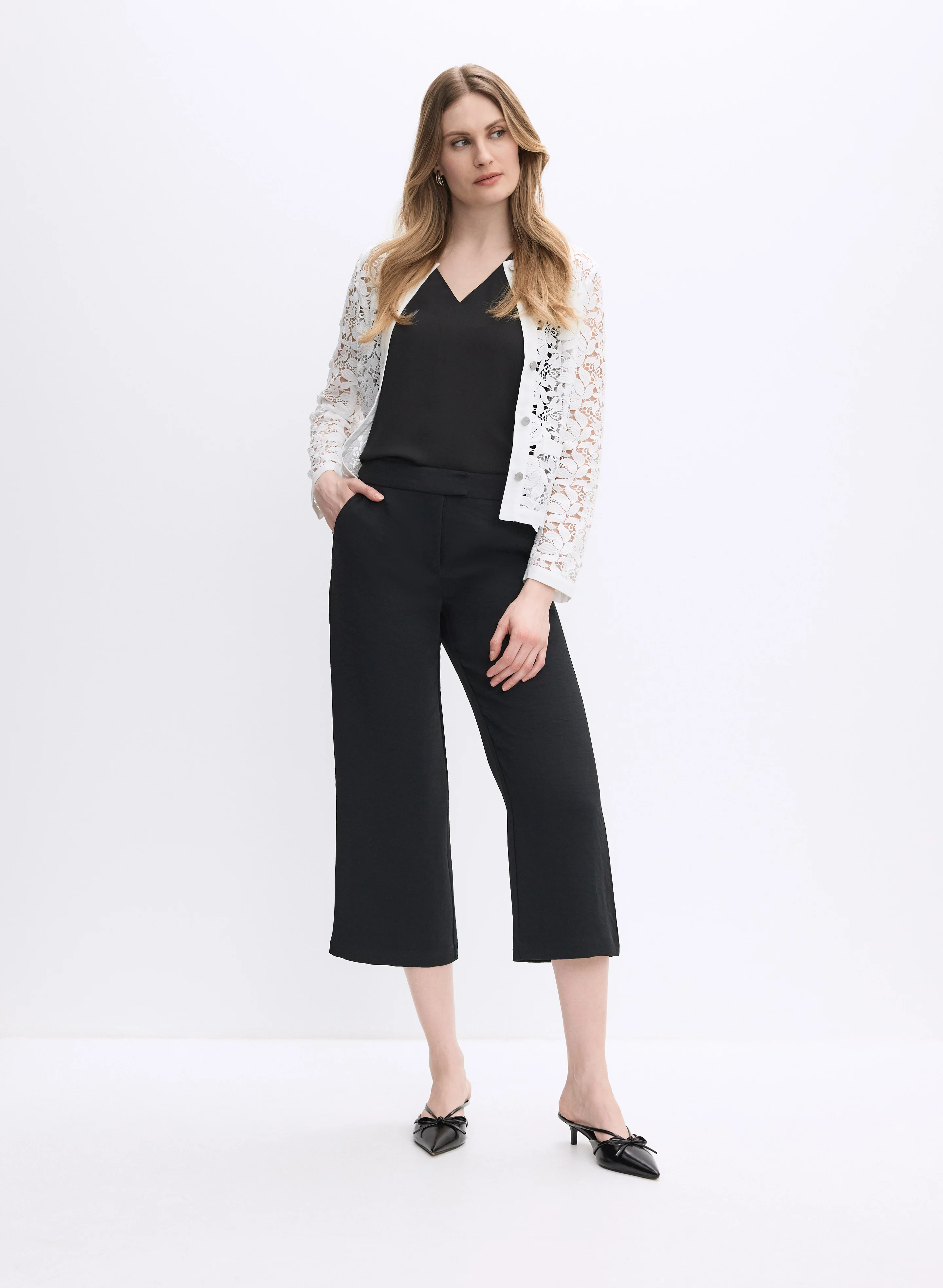 Button-Down Lace Jacket & Crinkle Culotte Capris