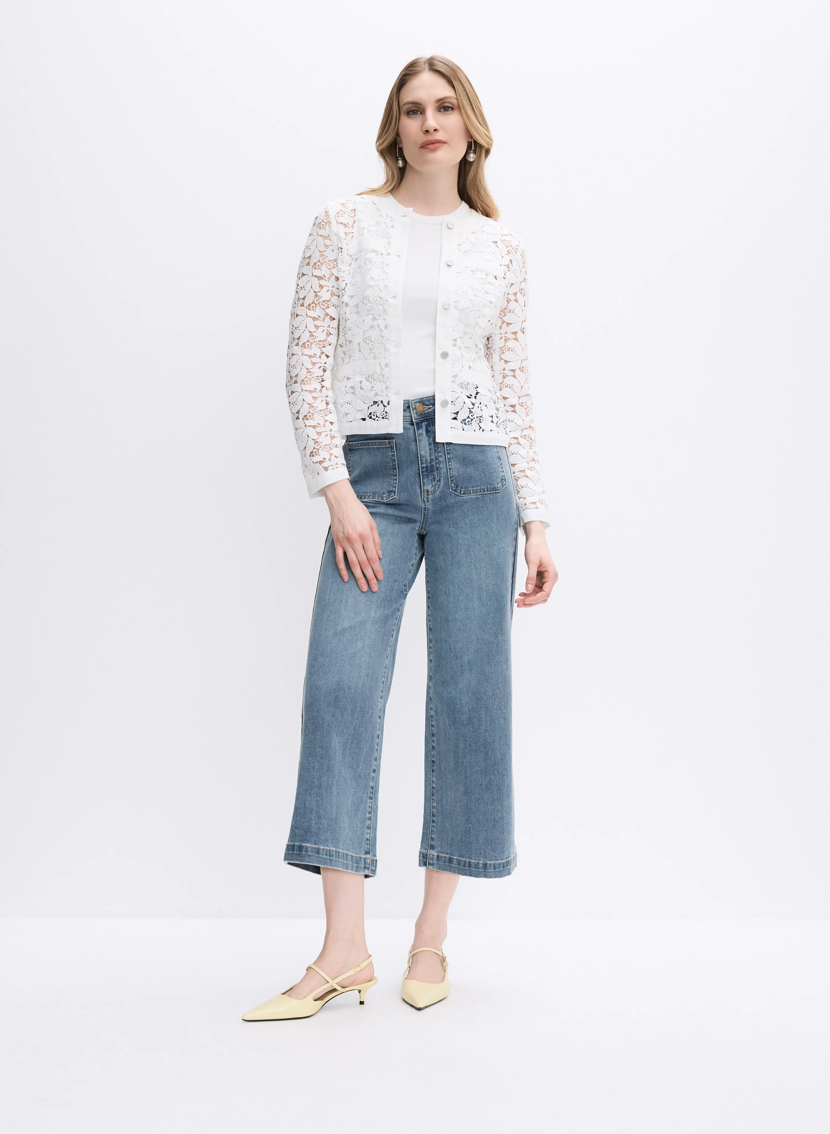 Button-Down Lace Jacket & Stretch-Denim Culottes