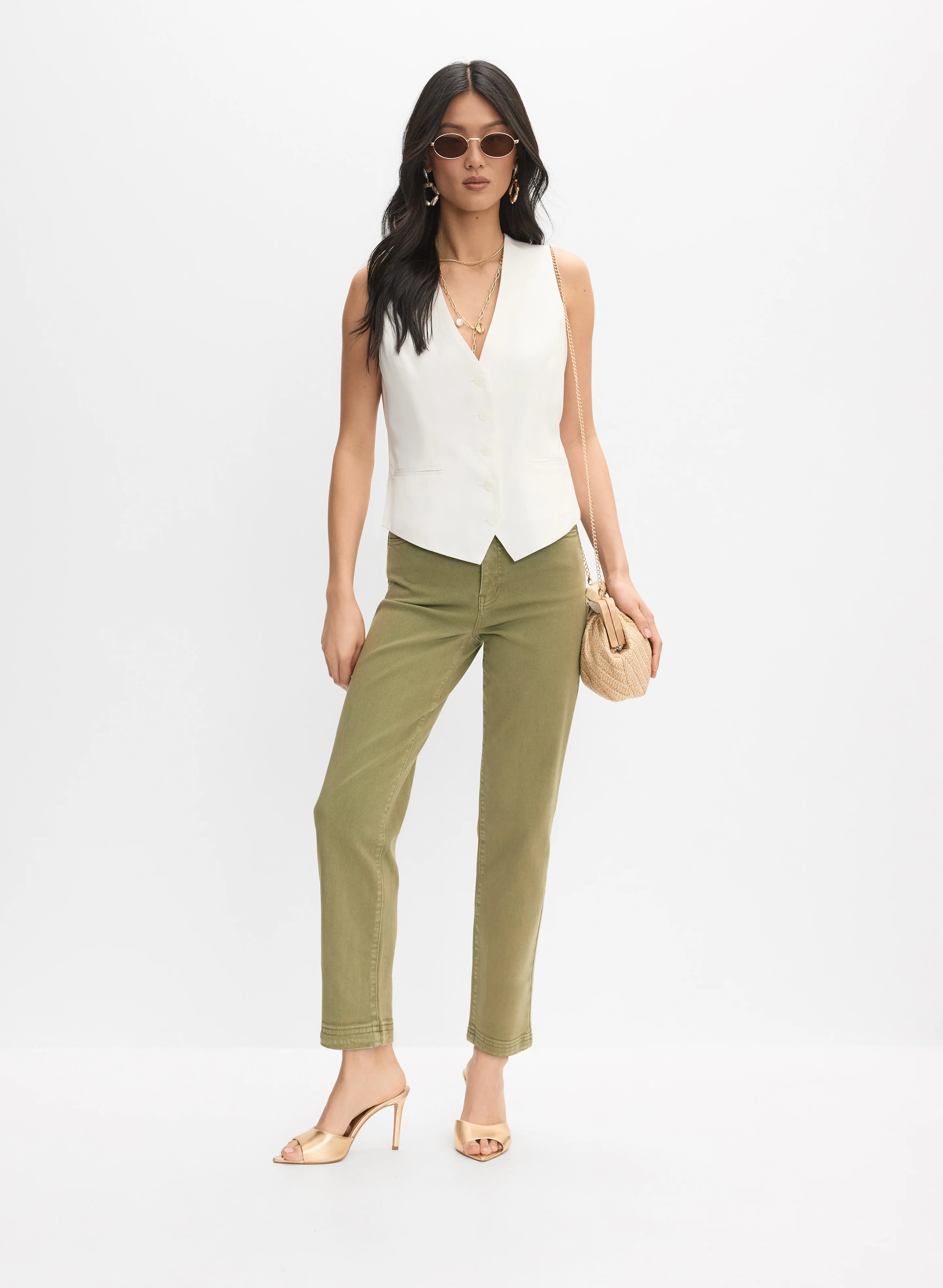 Button-Down Vest & Cropped Straight-Leg Jeans