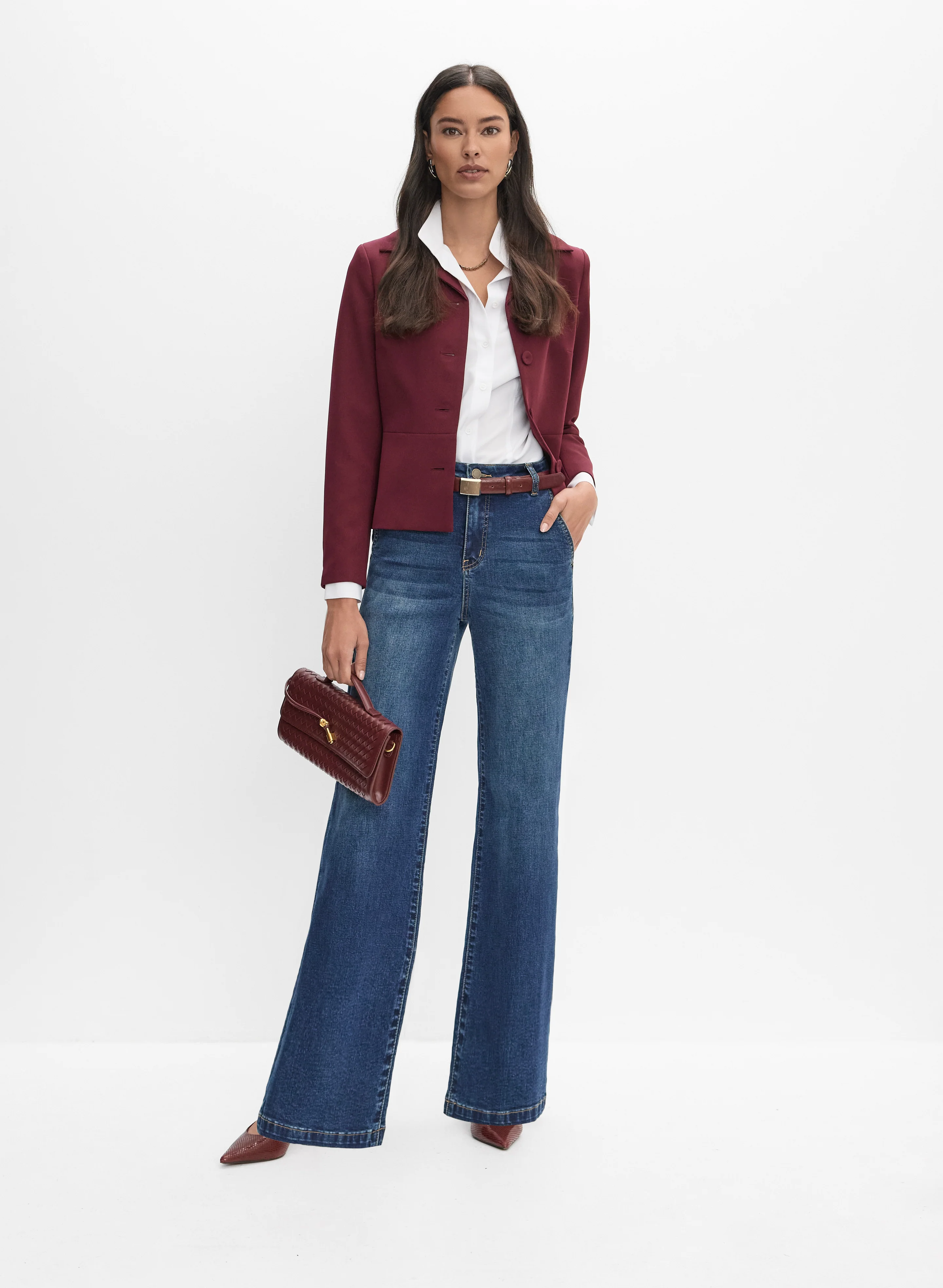 Cropped Button-Down Blazer & Mid-Rise Trouser Jeans