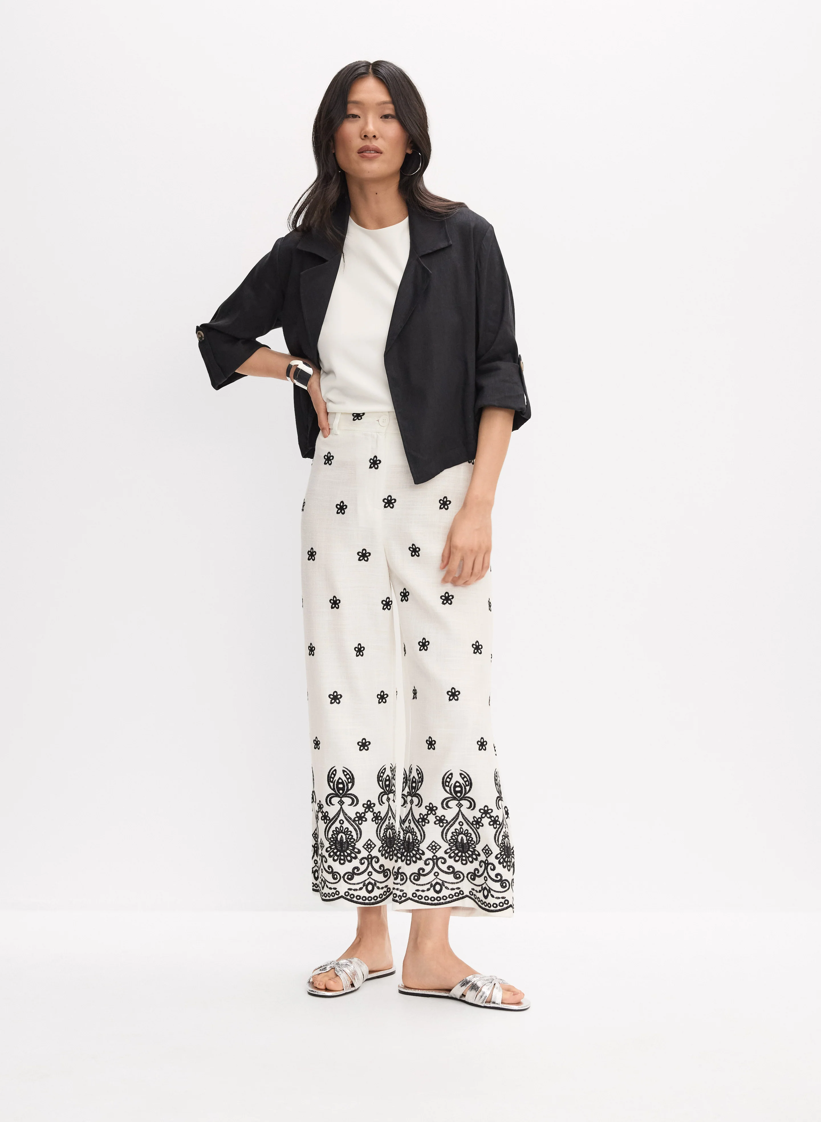 Cropped Linen-Blend Jacket & Embroidered Wide-Leg Pants