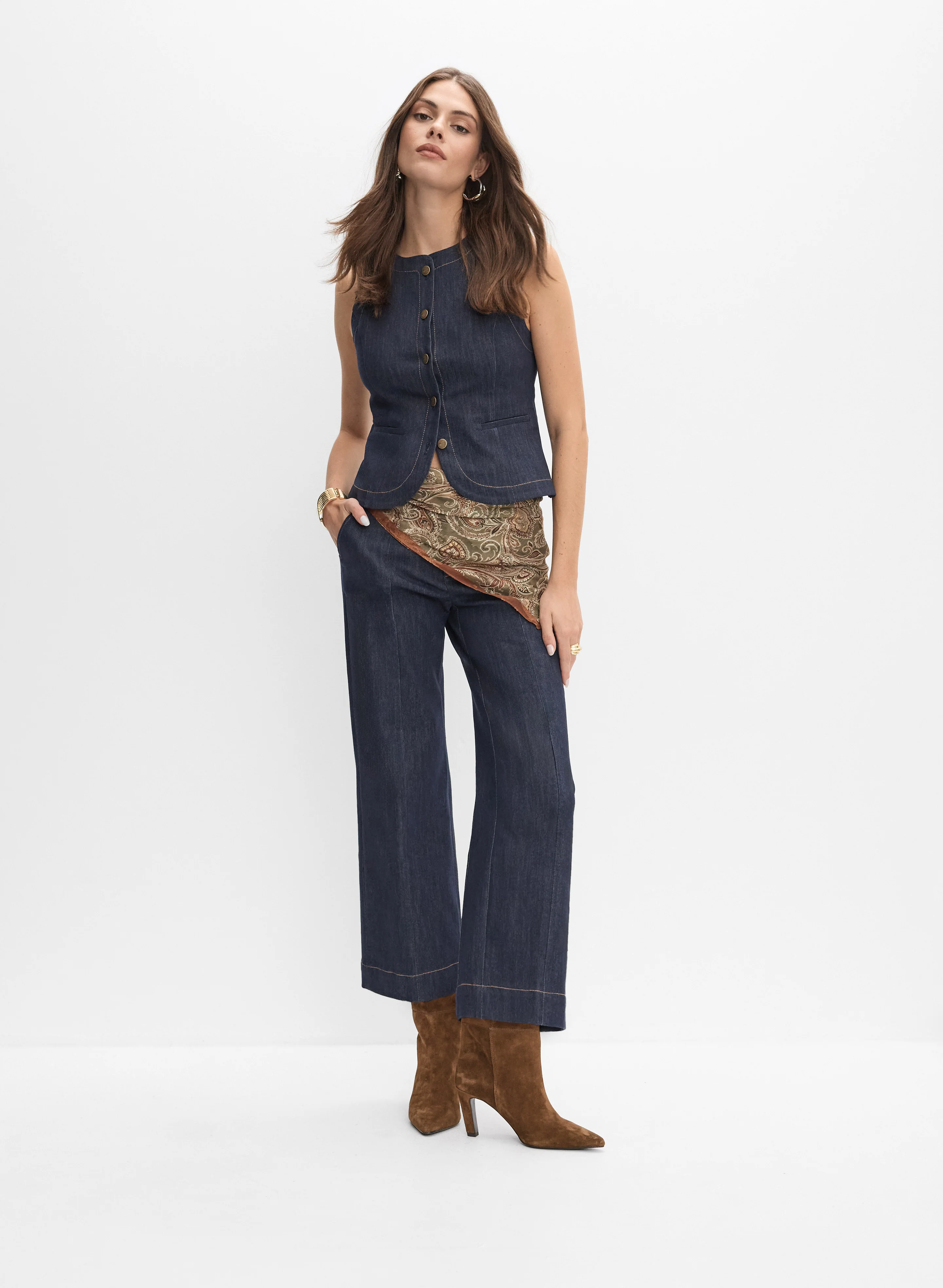 Denim Button-Down Vest & Button Detail Culottes