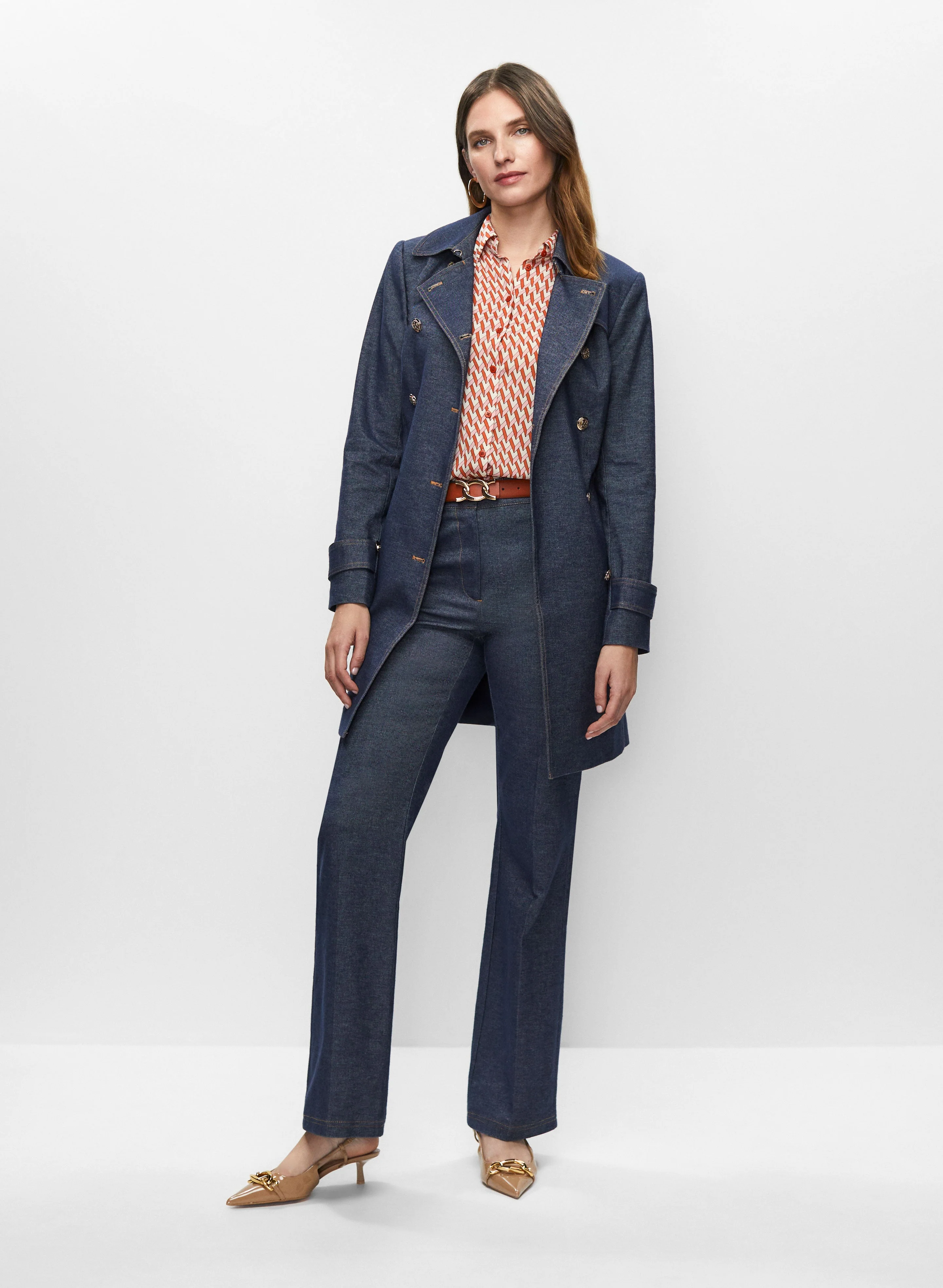 Denim Trench & Flare Leg Pants