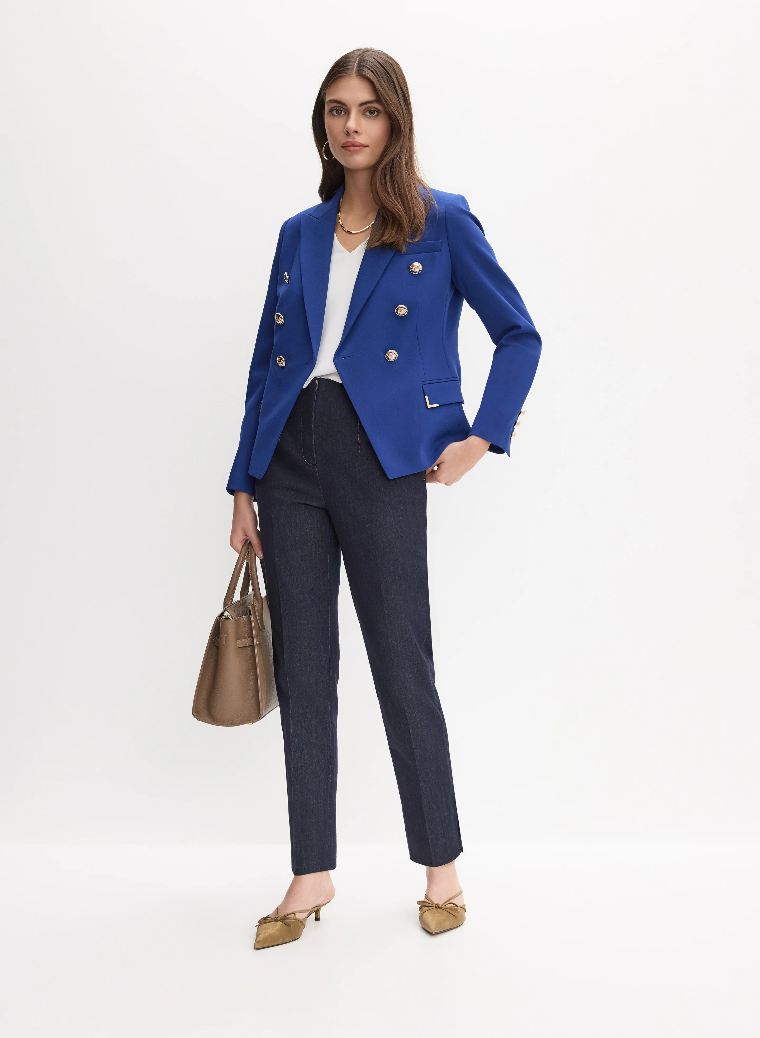 Double-Breasted Blazer & Slim-Leg Denim Pants