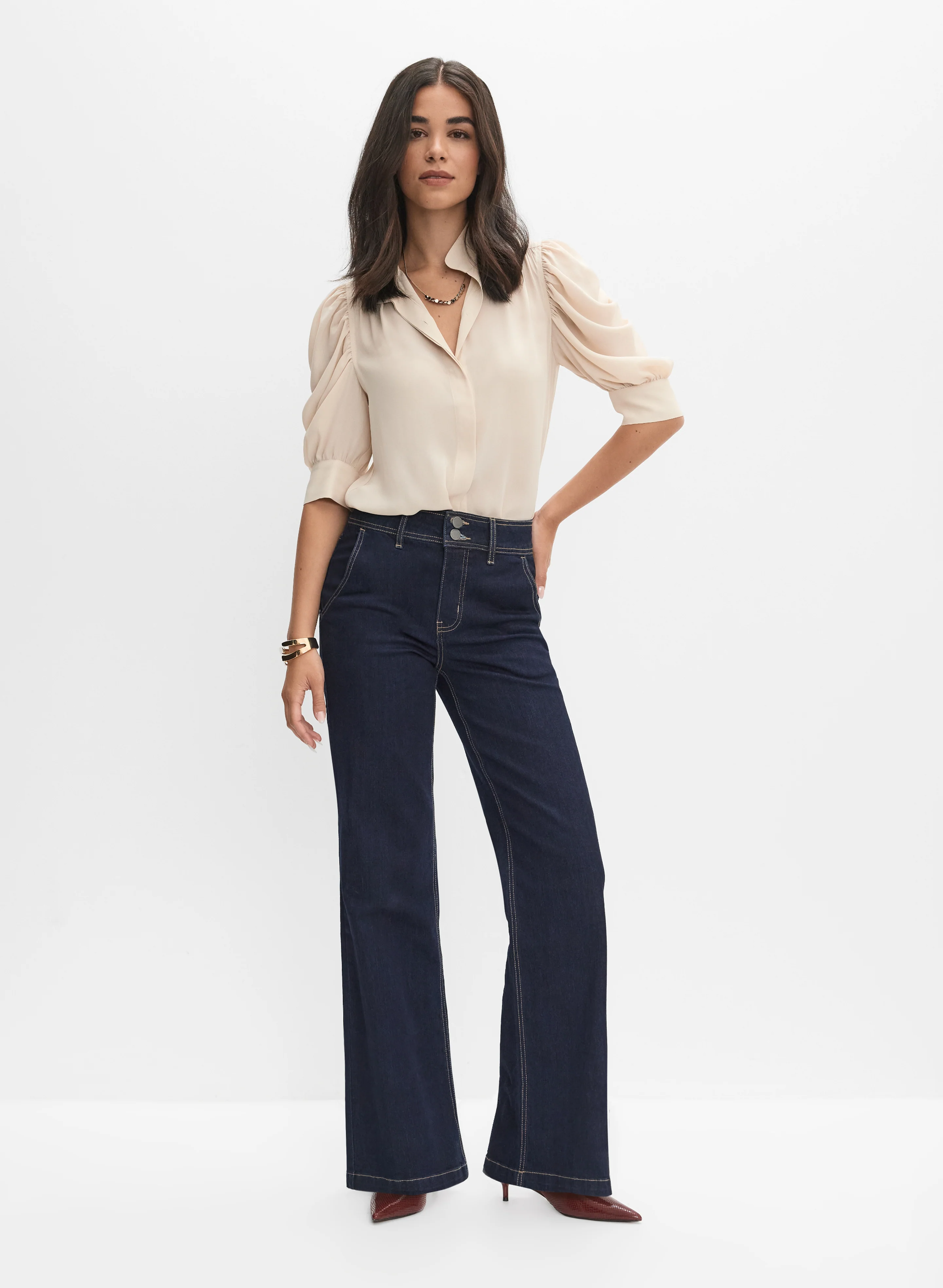 Draped Puff Sleeve Blouse & Rinse Trouser Jeans