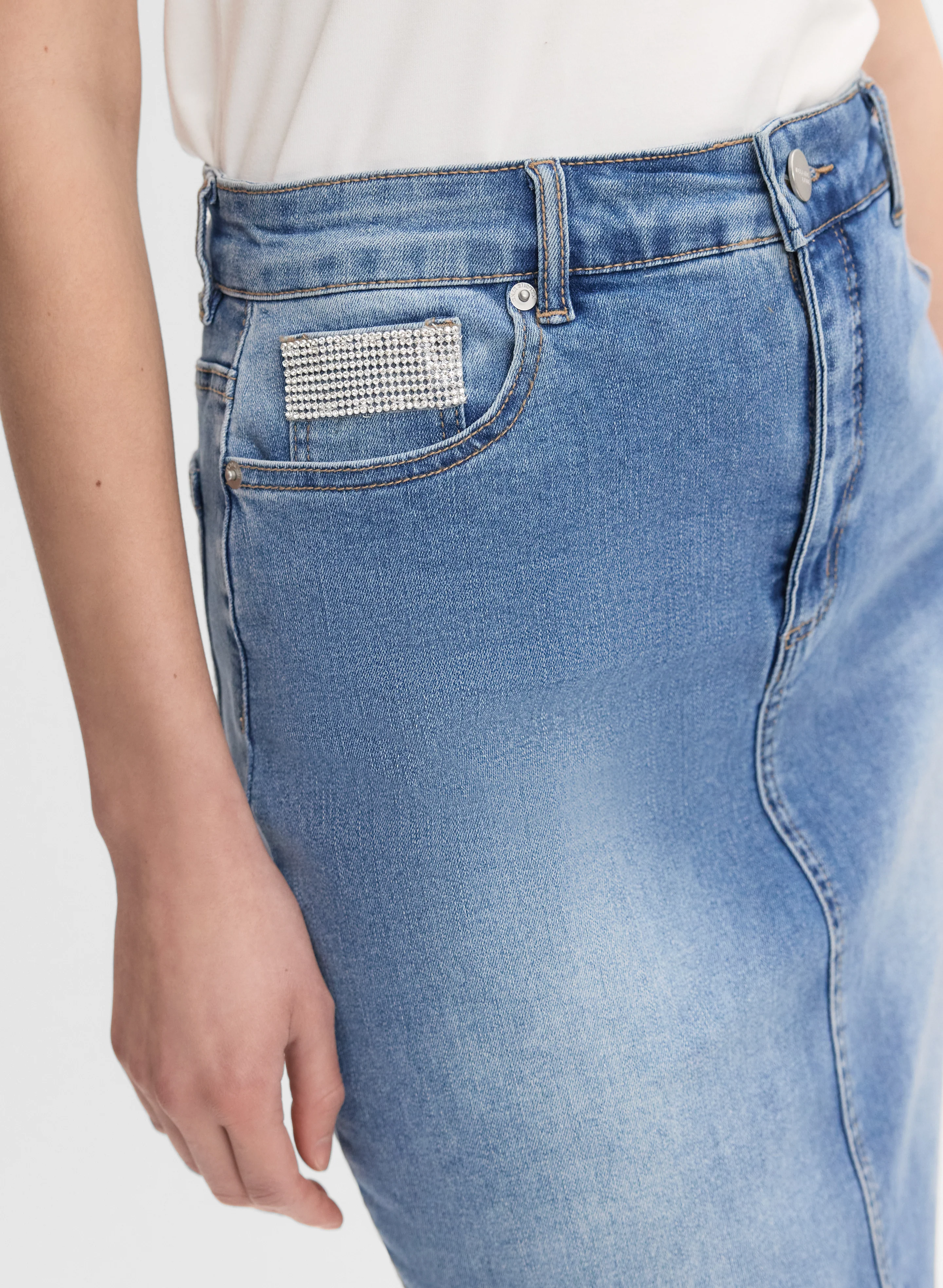 Embellished Denim Pencil Skirt - Image 2