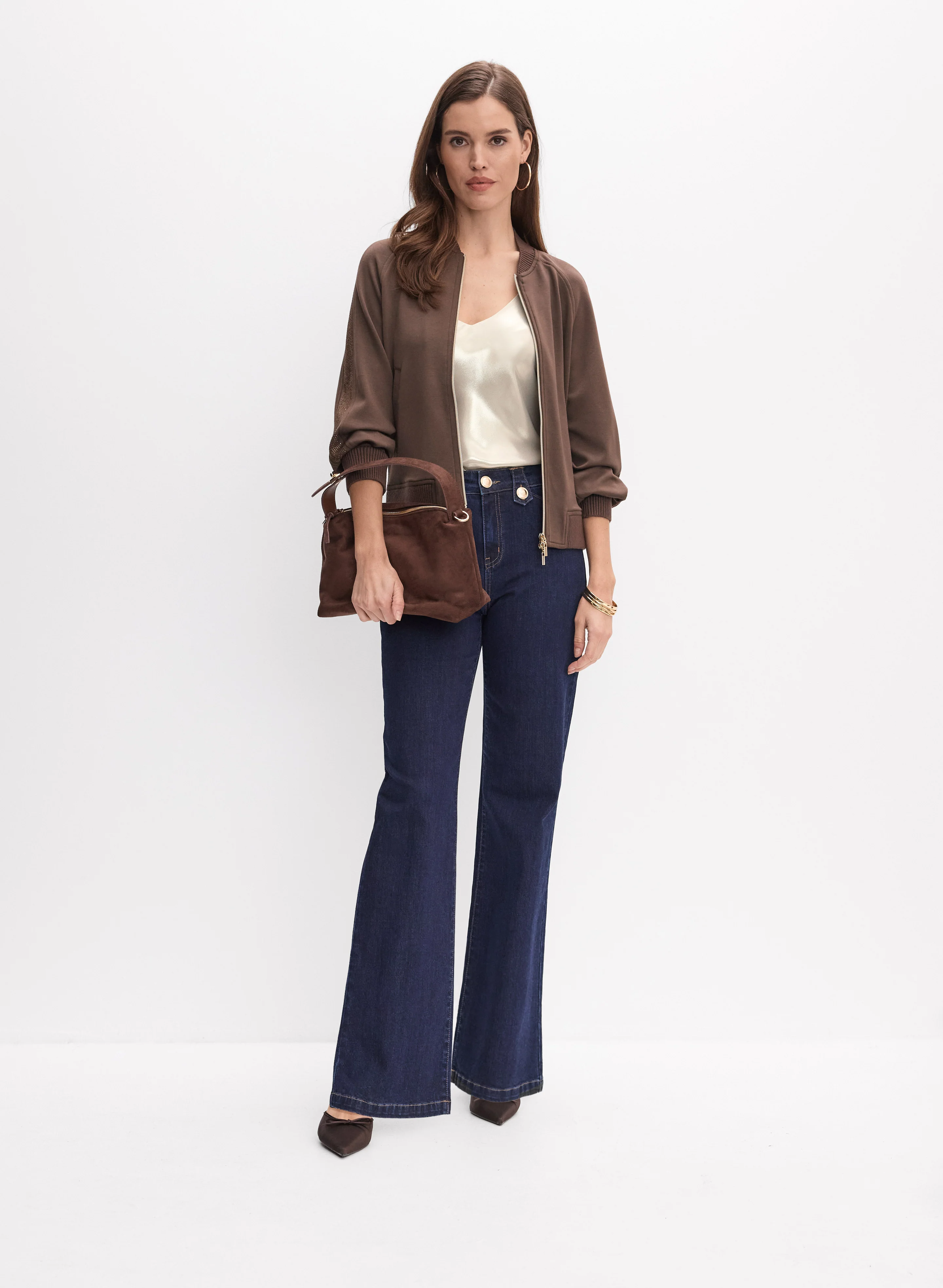Embellished Zip-Up Jacket & Embossed Button Jeans