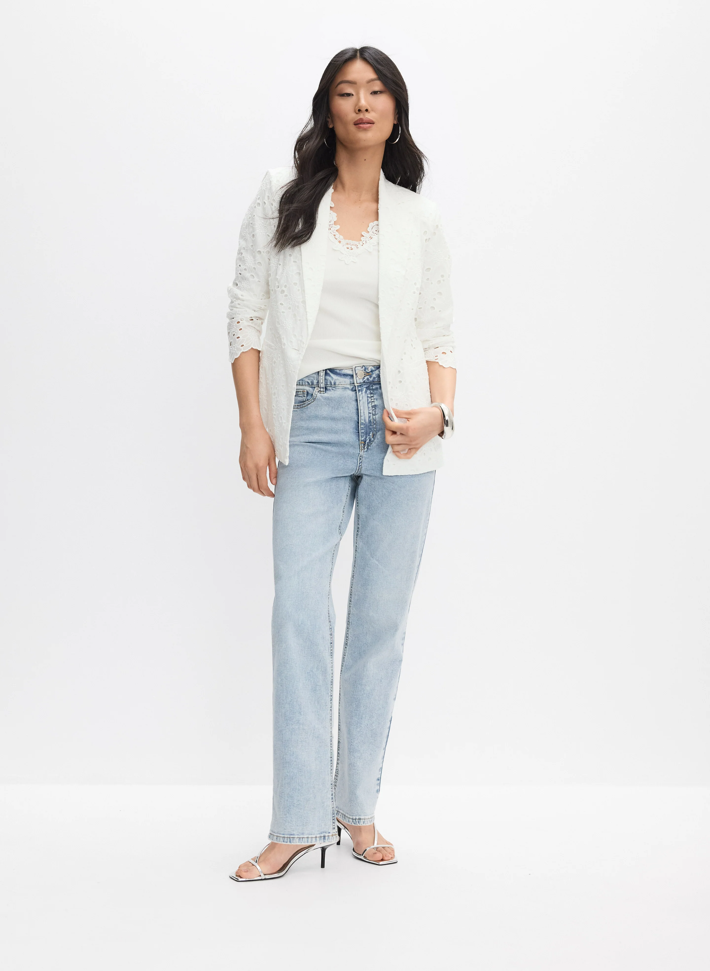 Embroidered Eyelet Jacket & Distressed Detail Straight-Leg Jeans