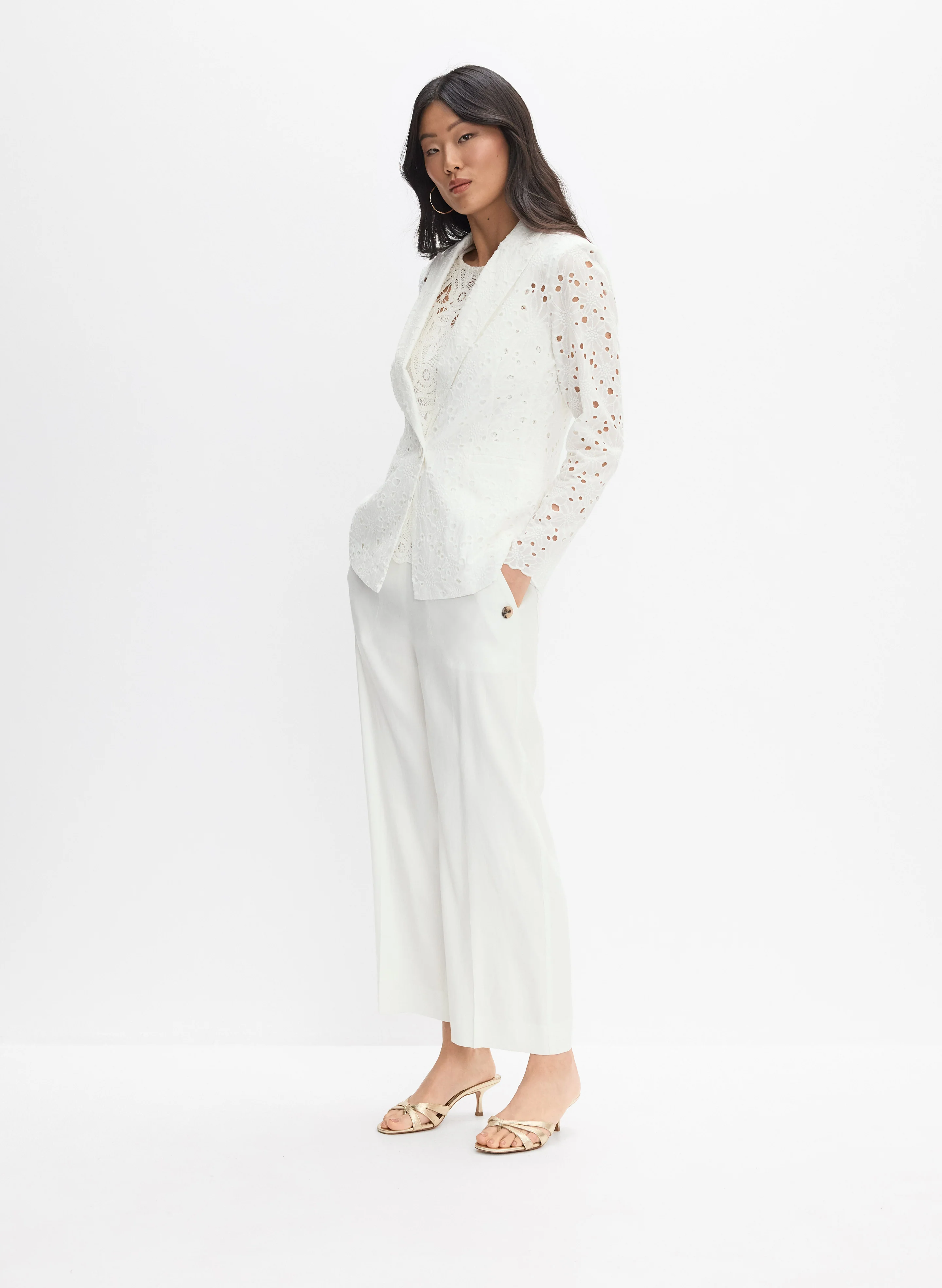 Embroidered Eyelet Jacket & Linen-Blend Culotte Pants