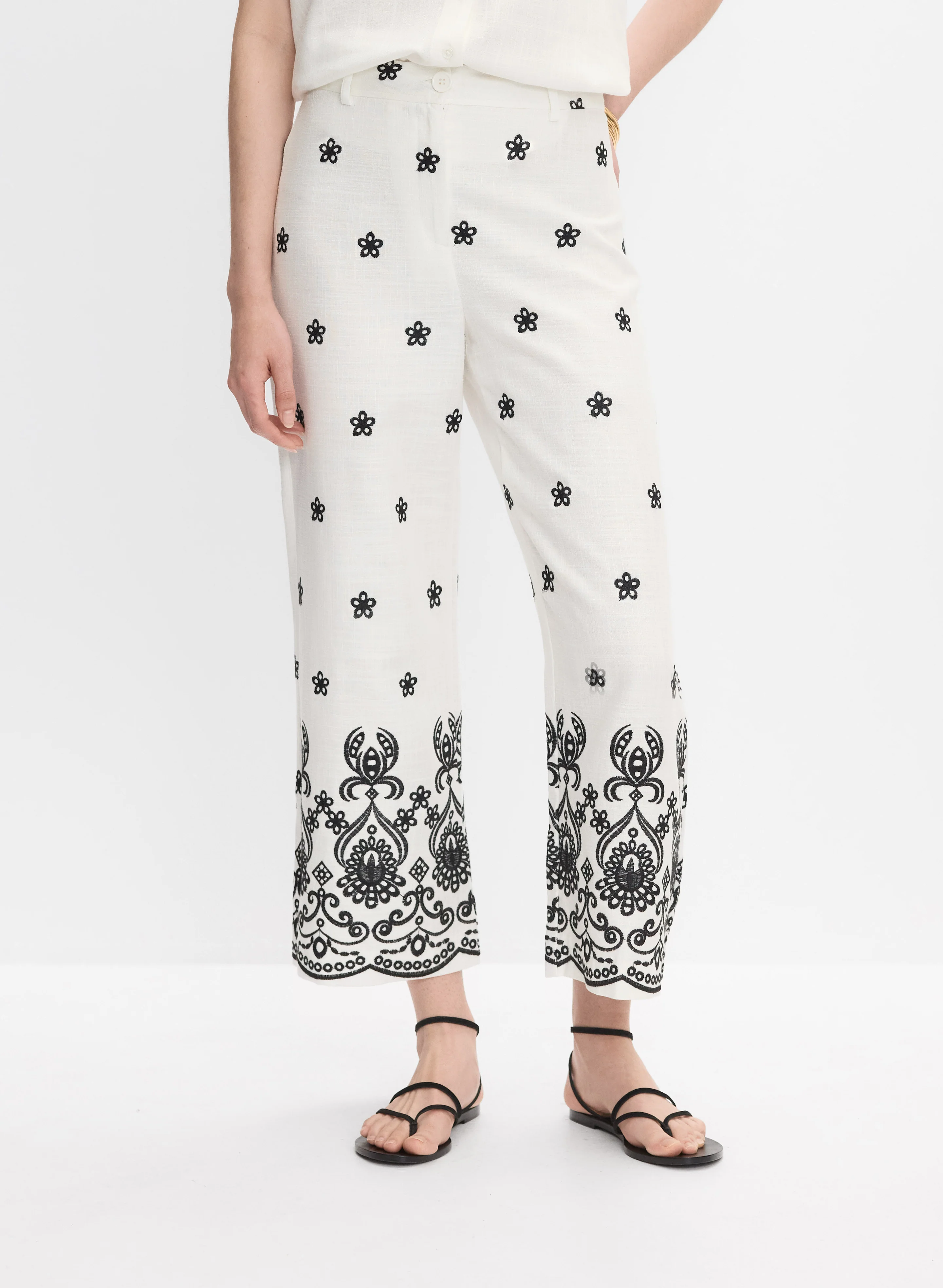 Embroidered Wide-Leg Pants