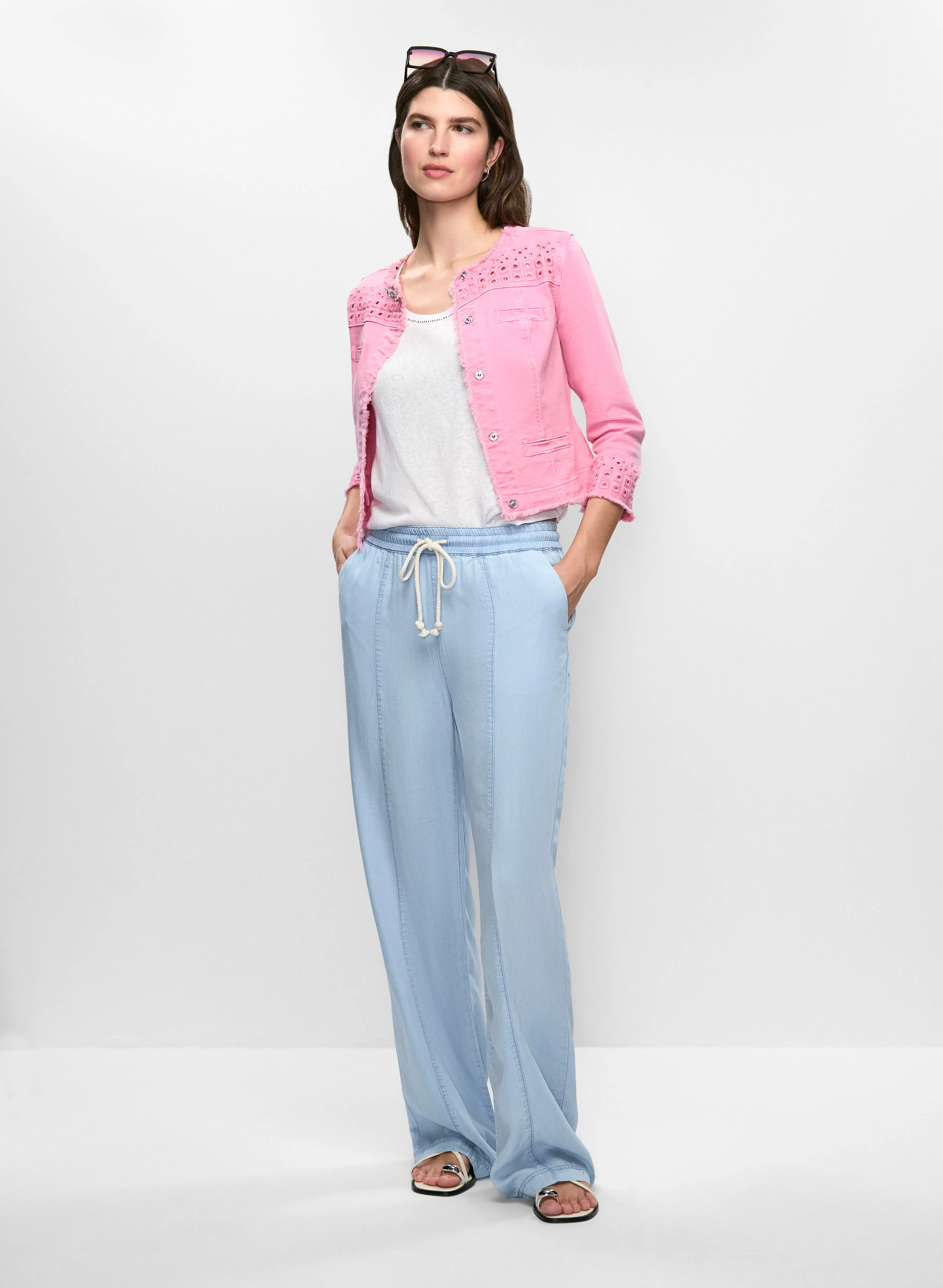 Eyelet Trim Denim Jacket & Pull-On Wide Leg Pants