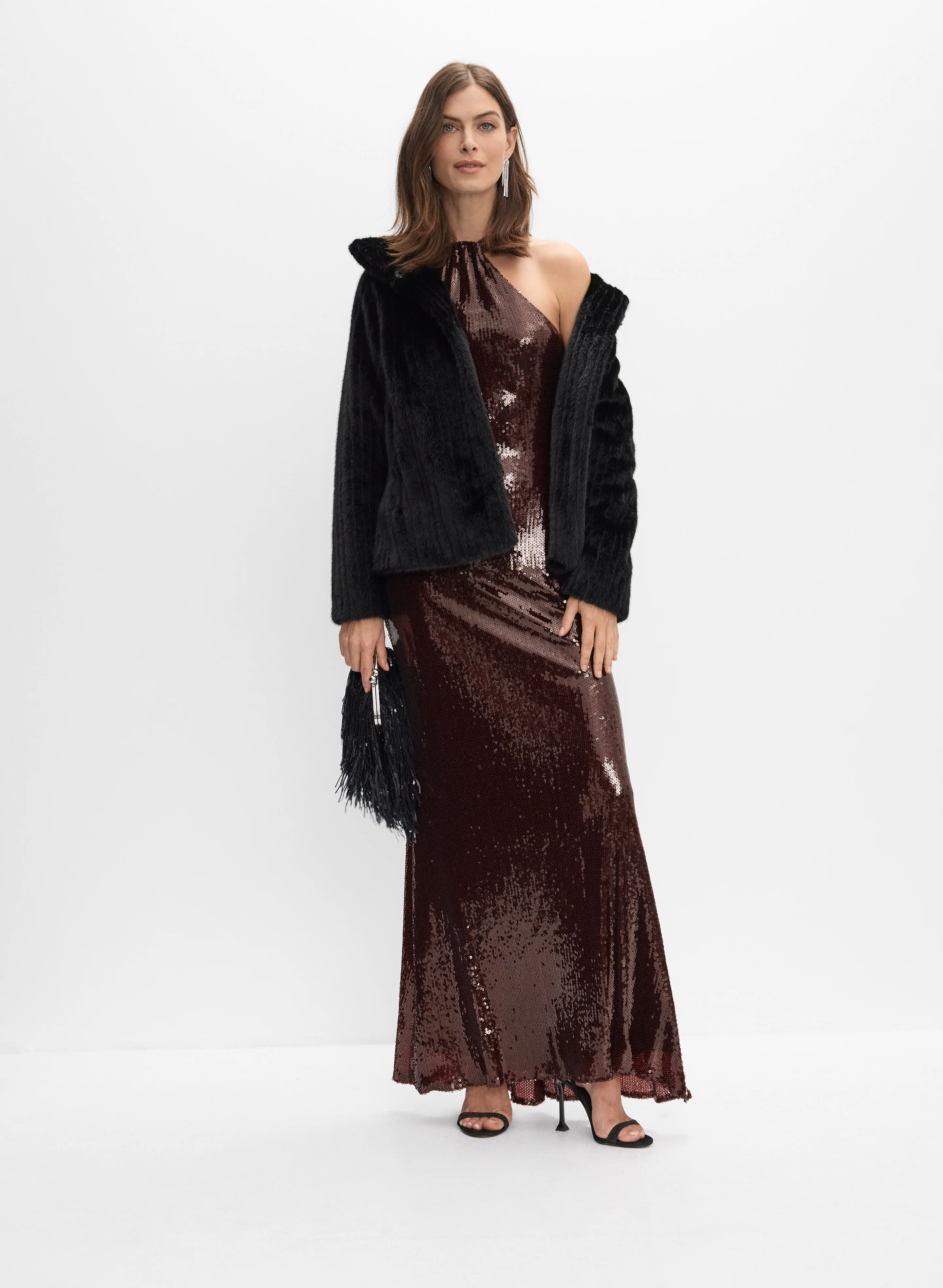 Faux Fur Jacket & Sequined Halter Neck Dress