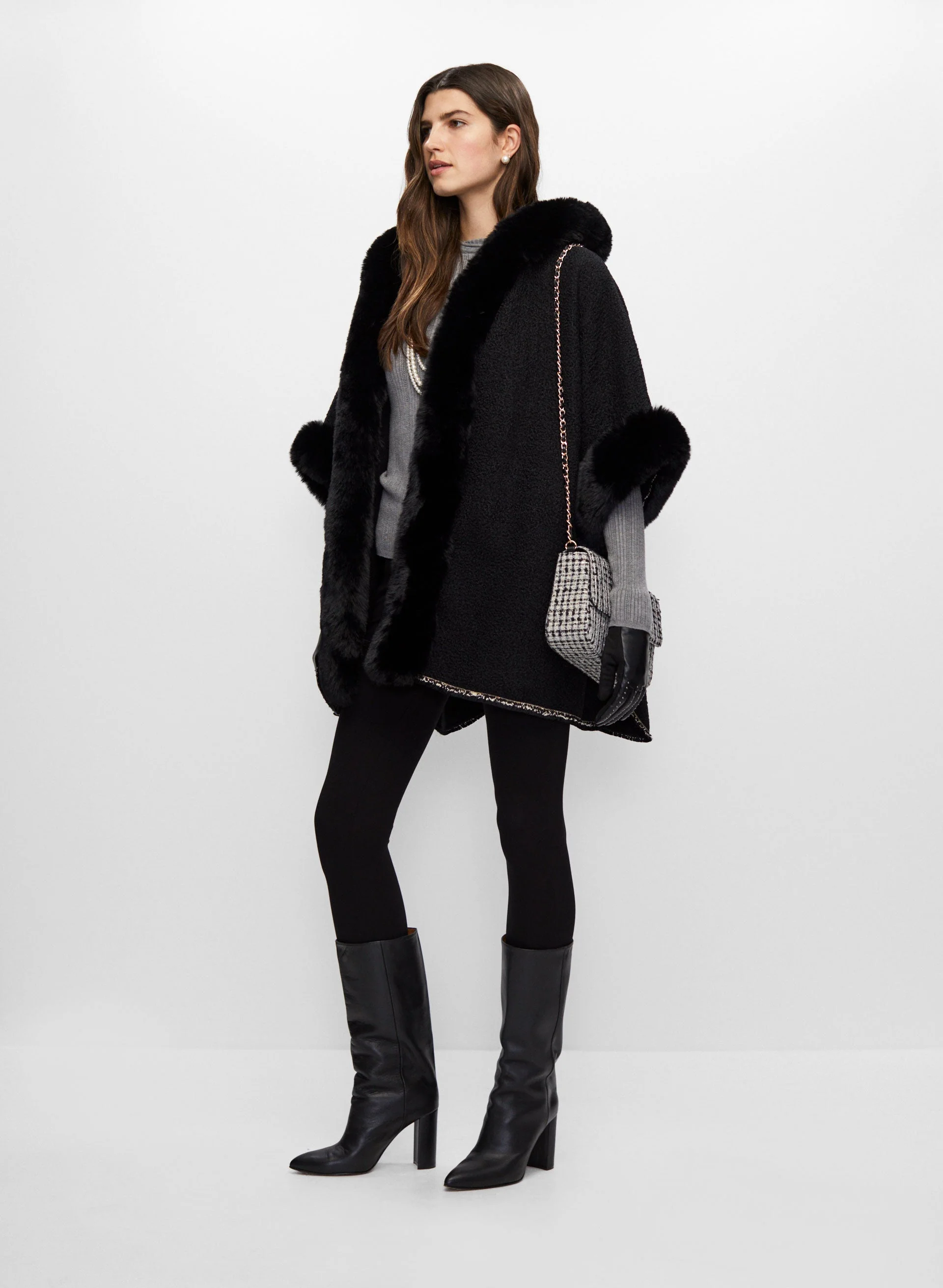 Faux Fur Trim Hooded Poncho - Image 3