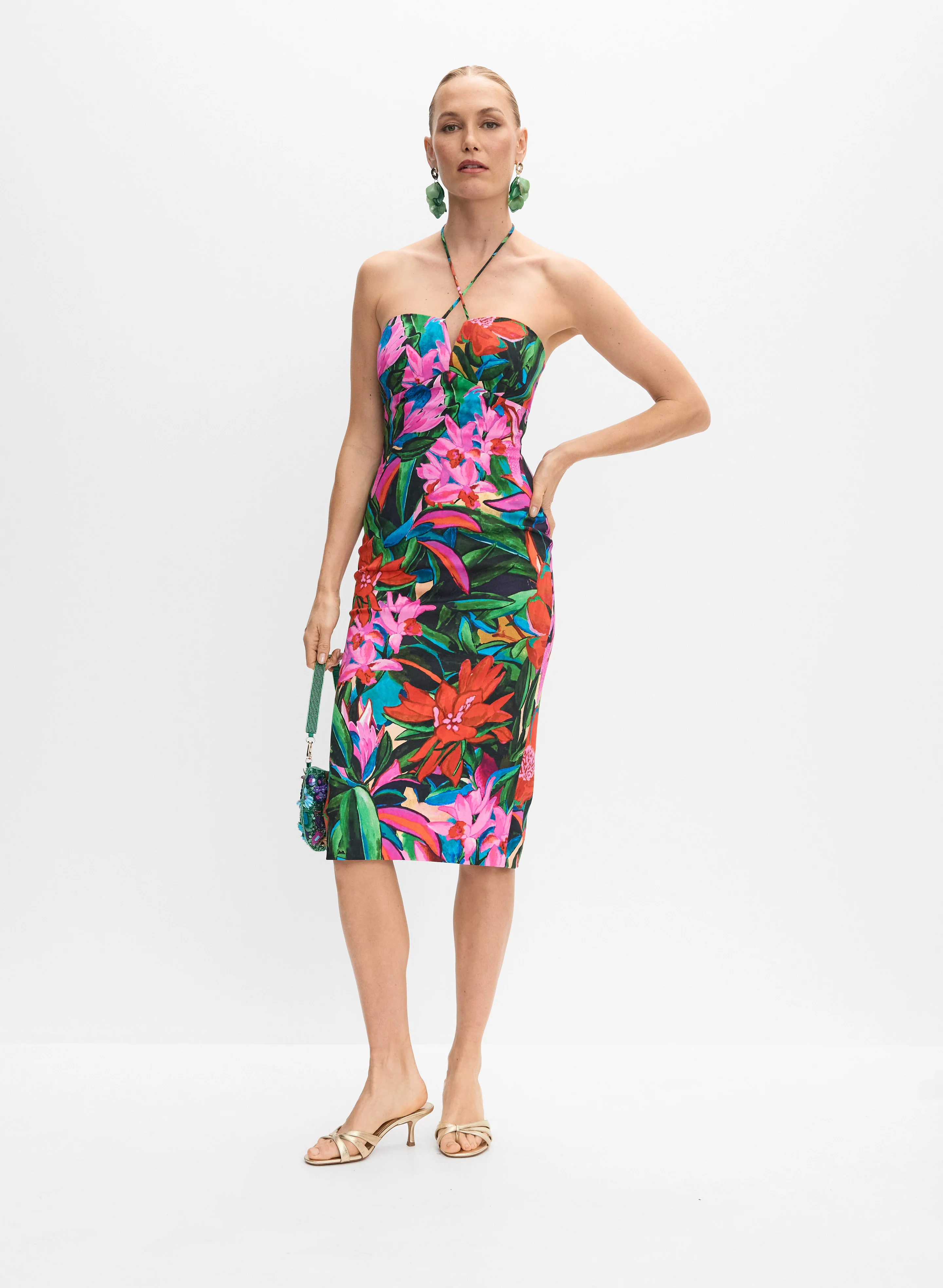 Floral Print Midi Dress & Sequined Floral Clutch