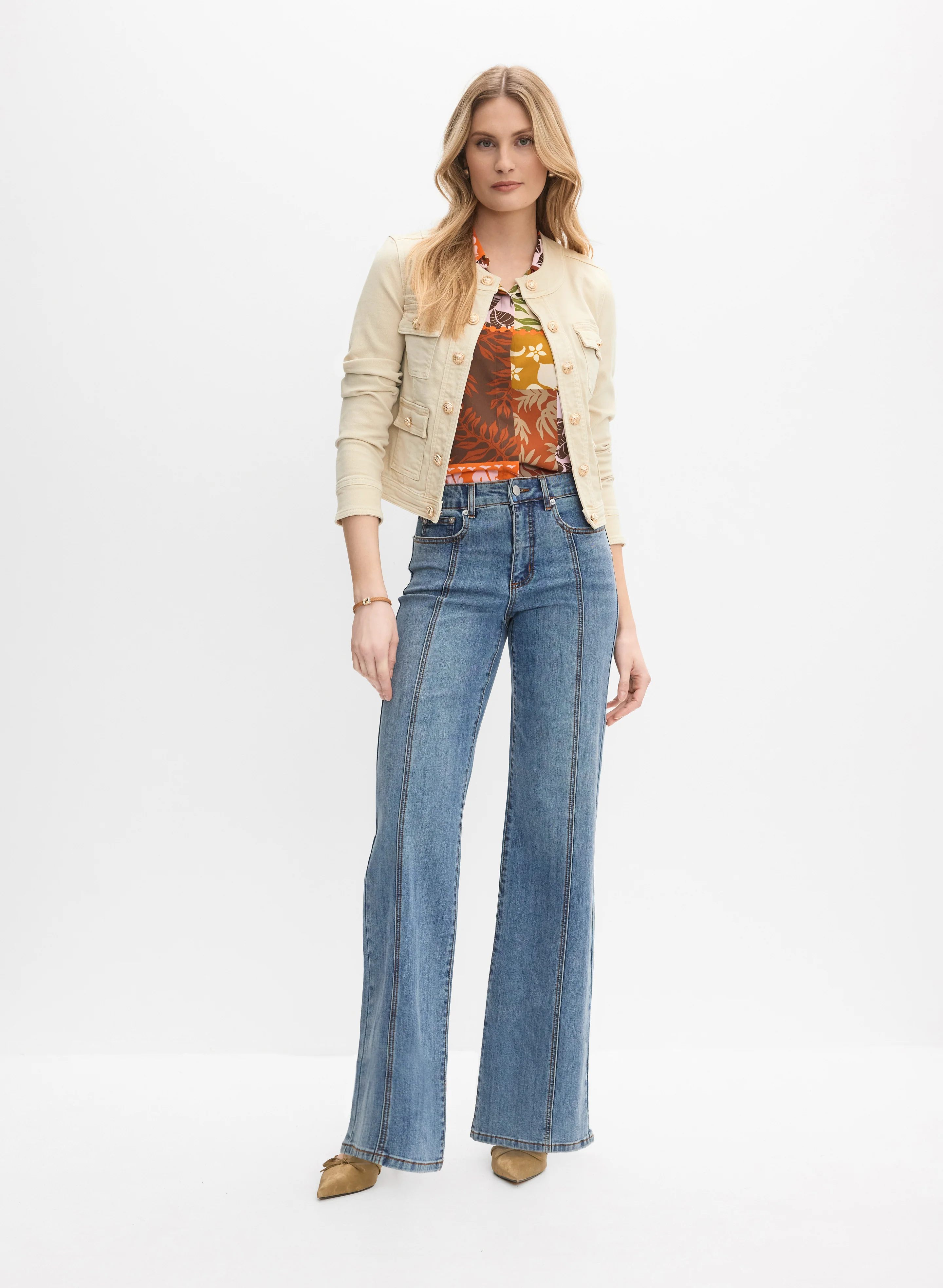 Four Pocket Denim Jacket & Seam Detail Wide-Leg Jeans