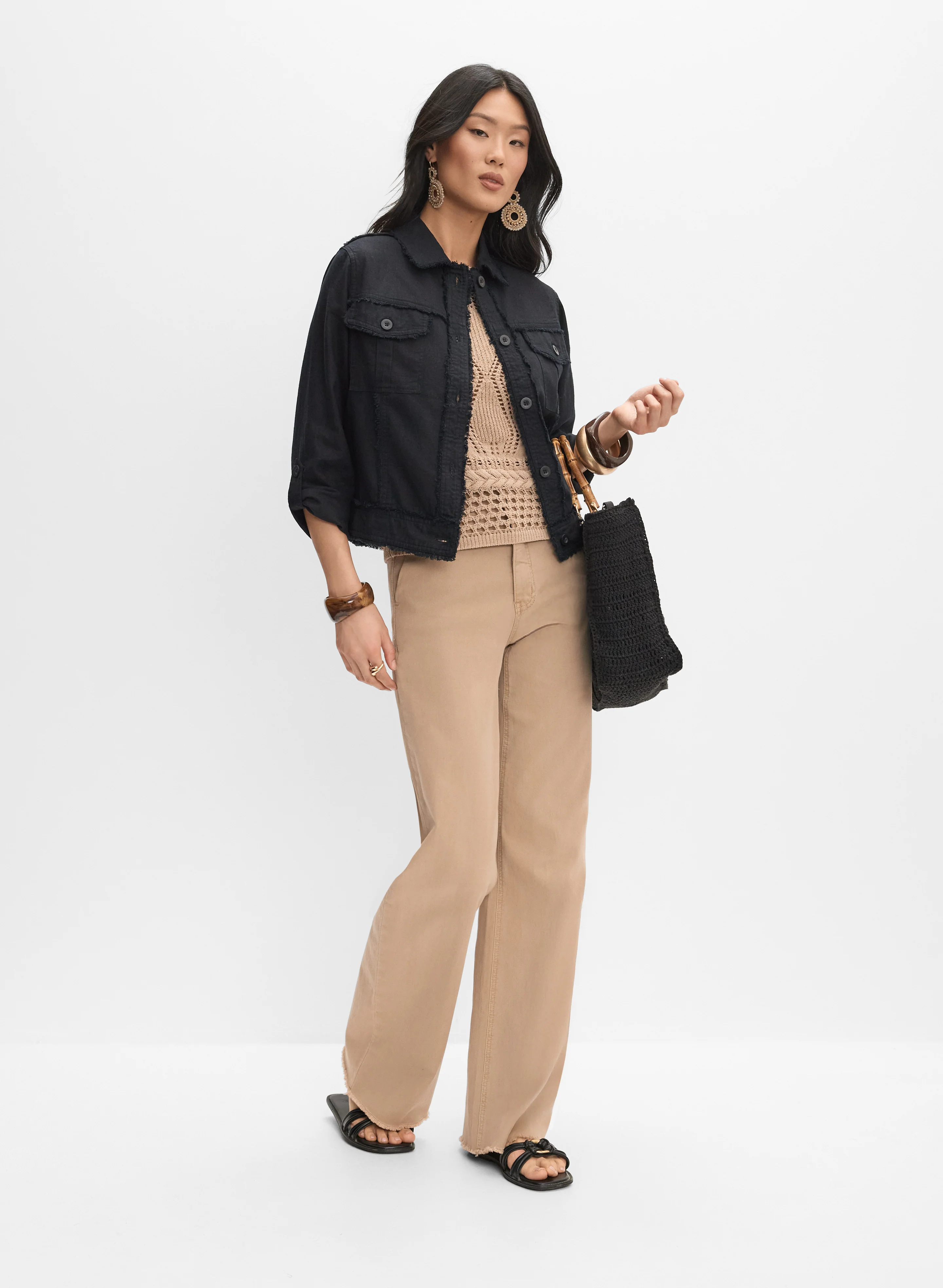 Frayed Linen-Blend Jacket & Frayed Wide-Leg Jeans