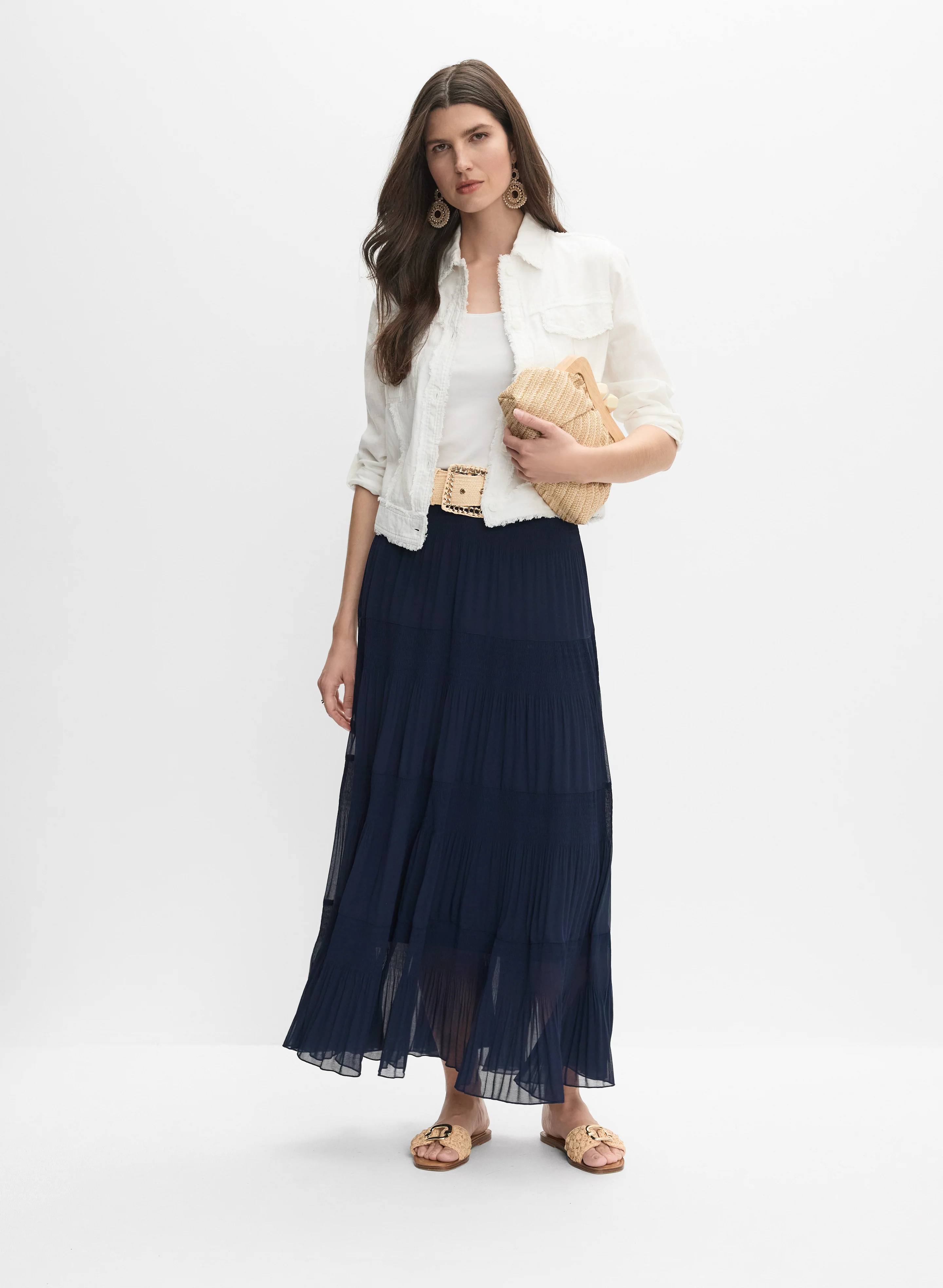 Frayed Linen-Blend Jacket & Pleated Chiffon Maxi Skirt