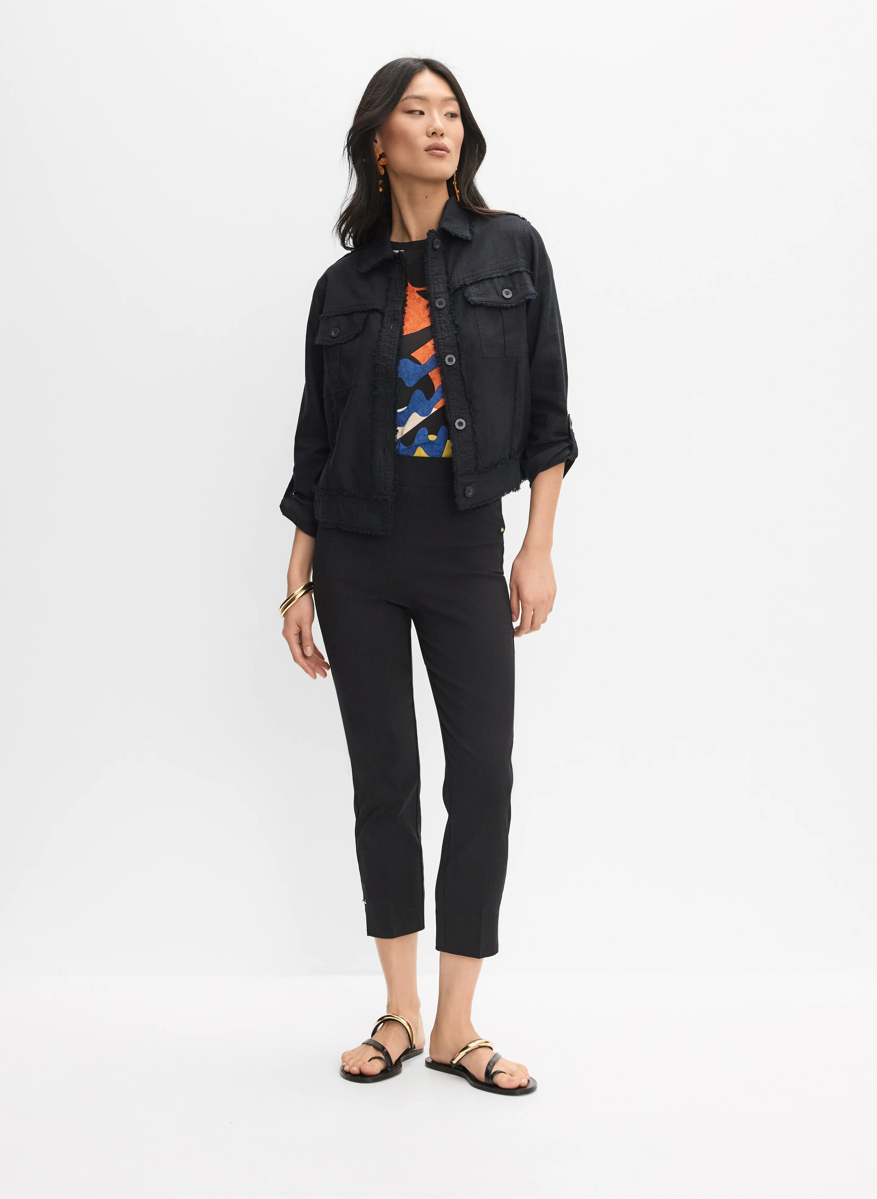 Frayed Linen-Blend Jacket & Pull-On Capris