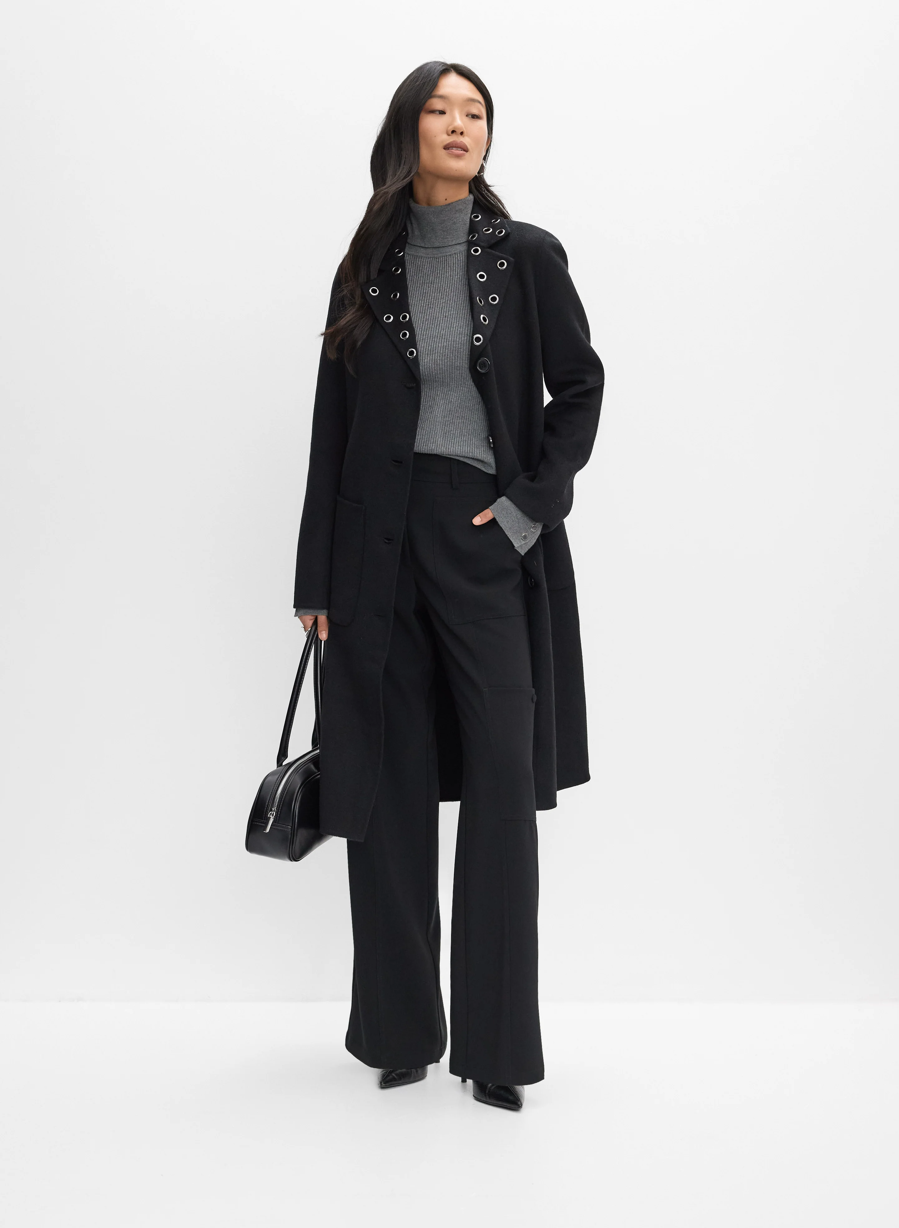 Grommet Embellished Wool-Blend Coat & Rib Knit Pullover