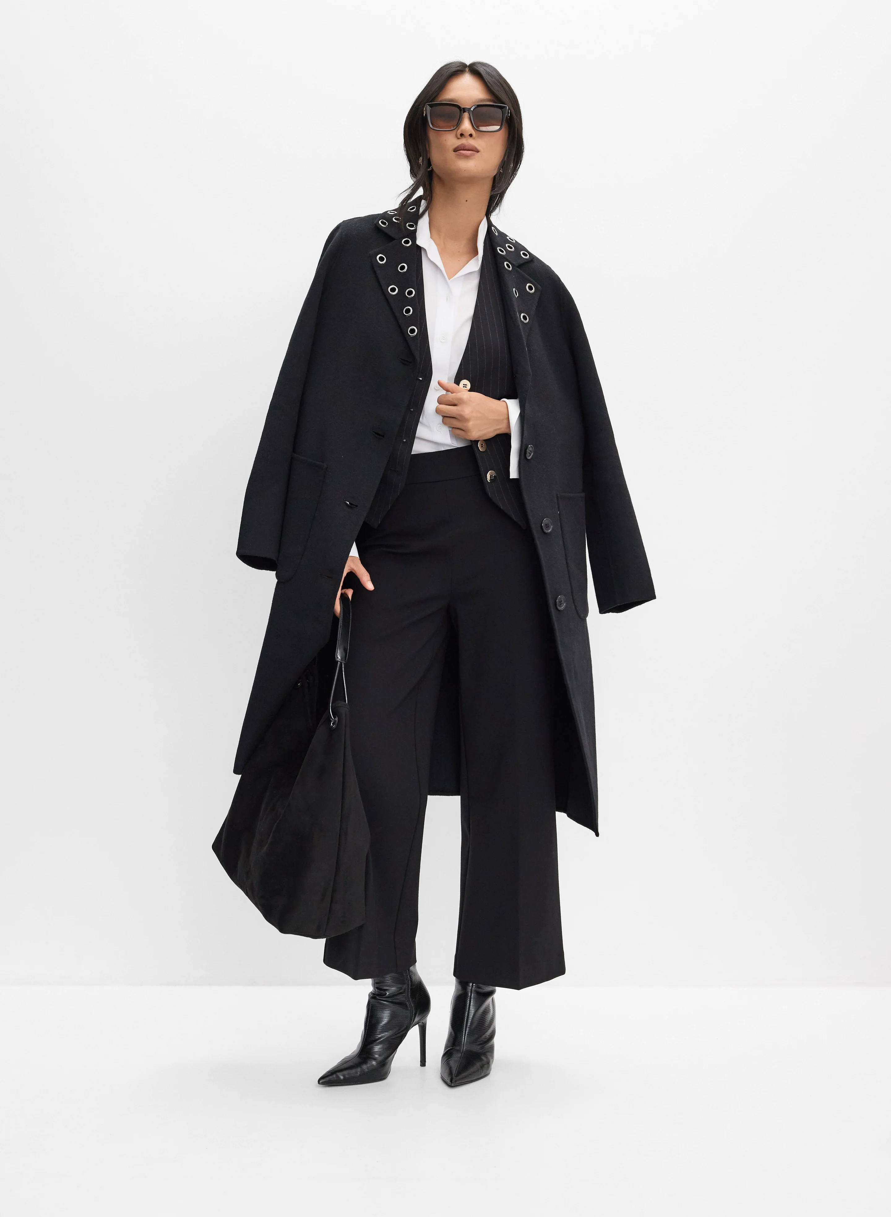 Grommet Wool-Blend Coat, Stand Collar Blouse & Culotte Pants