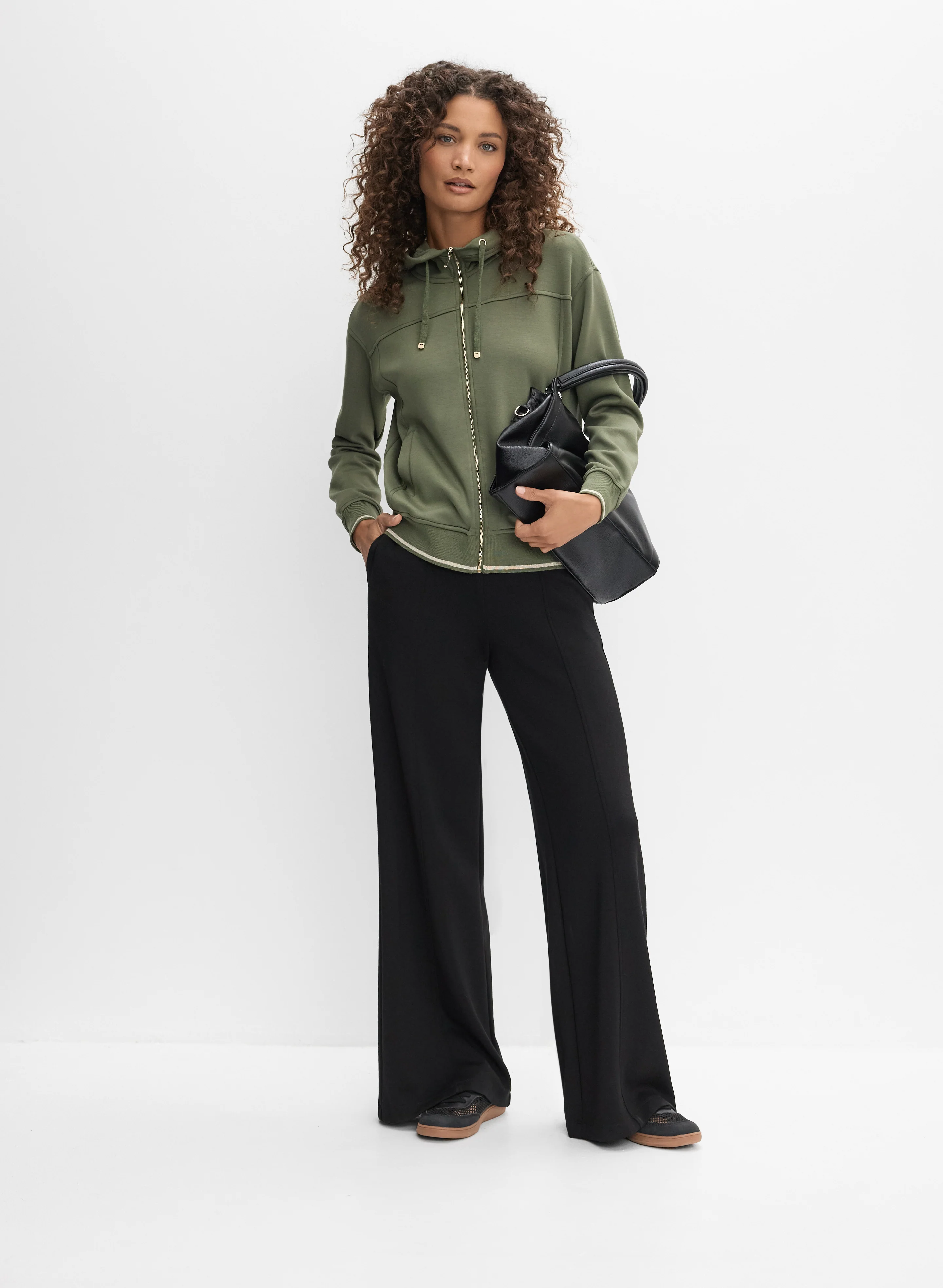 Hooded Contrast Trim Jacket & Seam Detail Wide-Leg Pants