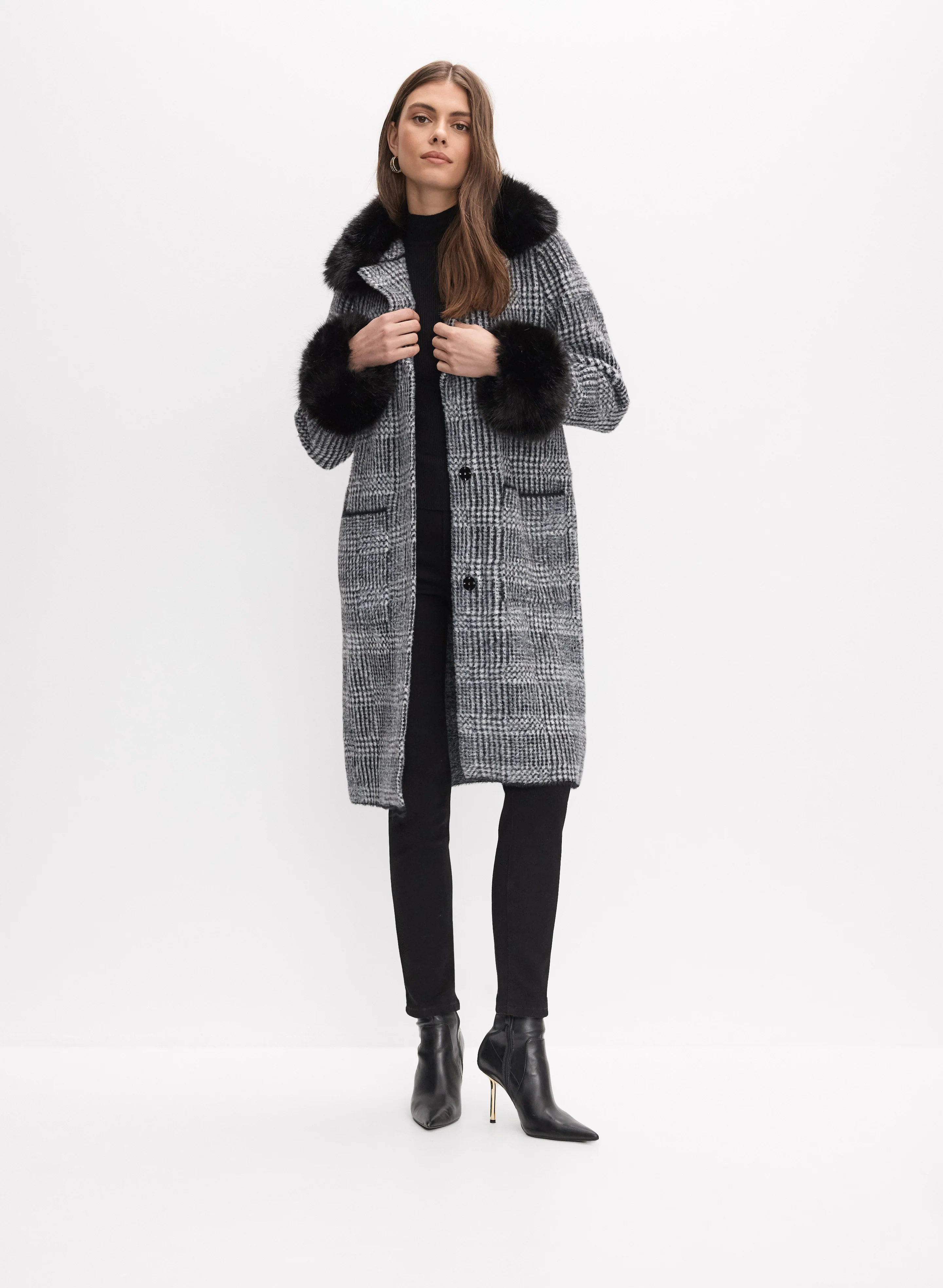Joseph Ribkoff - Plaid Faux-Fur Trim Coat
