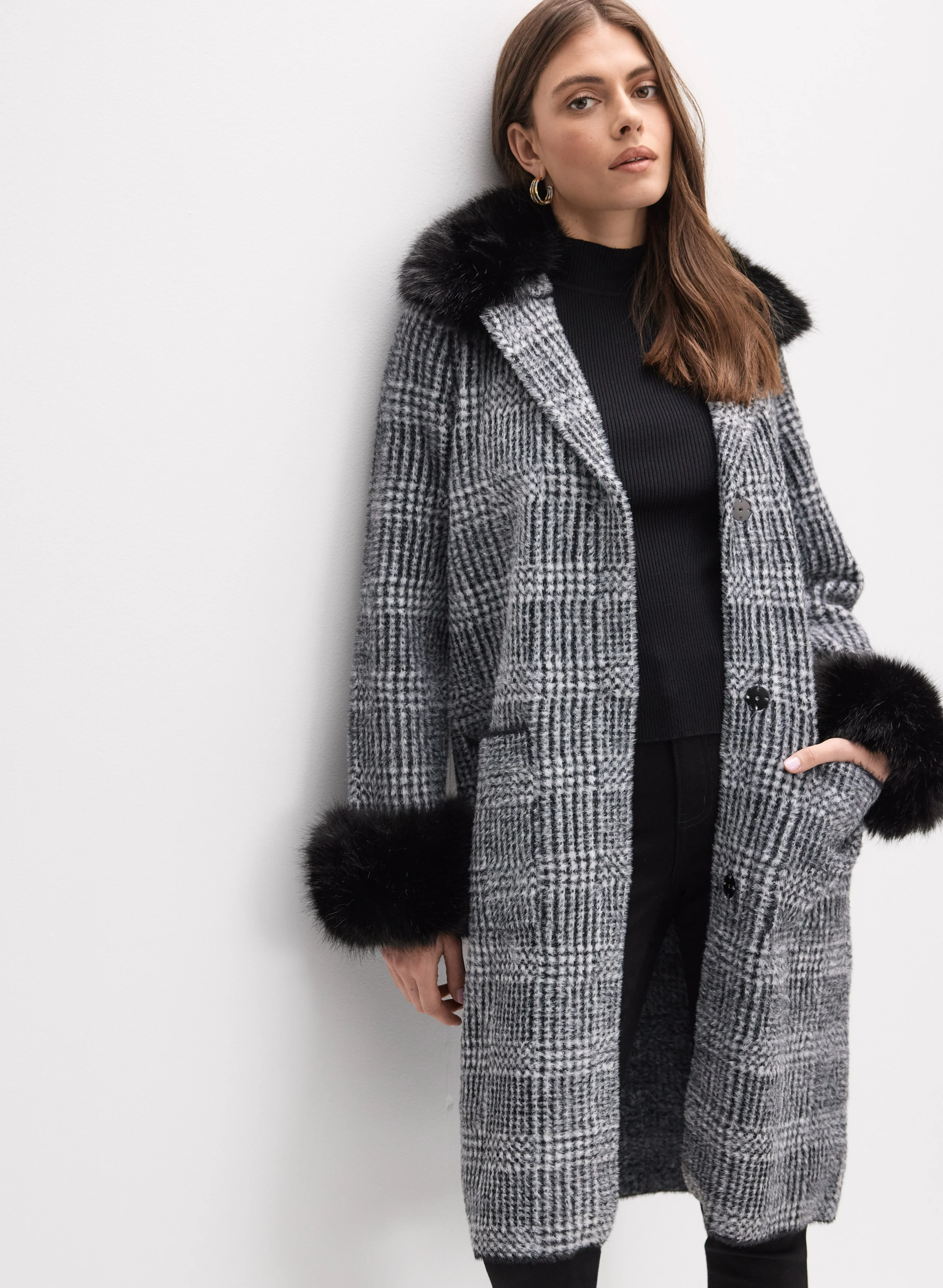 Joseph Ribkoff - Plaid Faux-Fur Trim Coat - Image 3