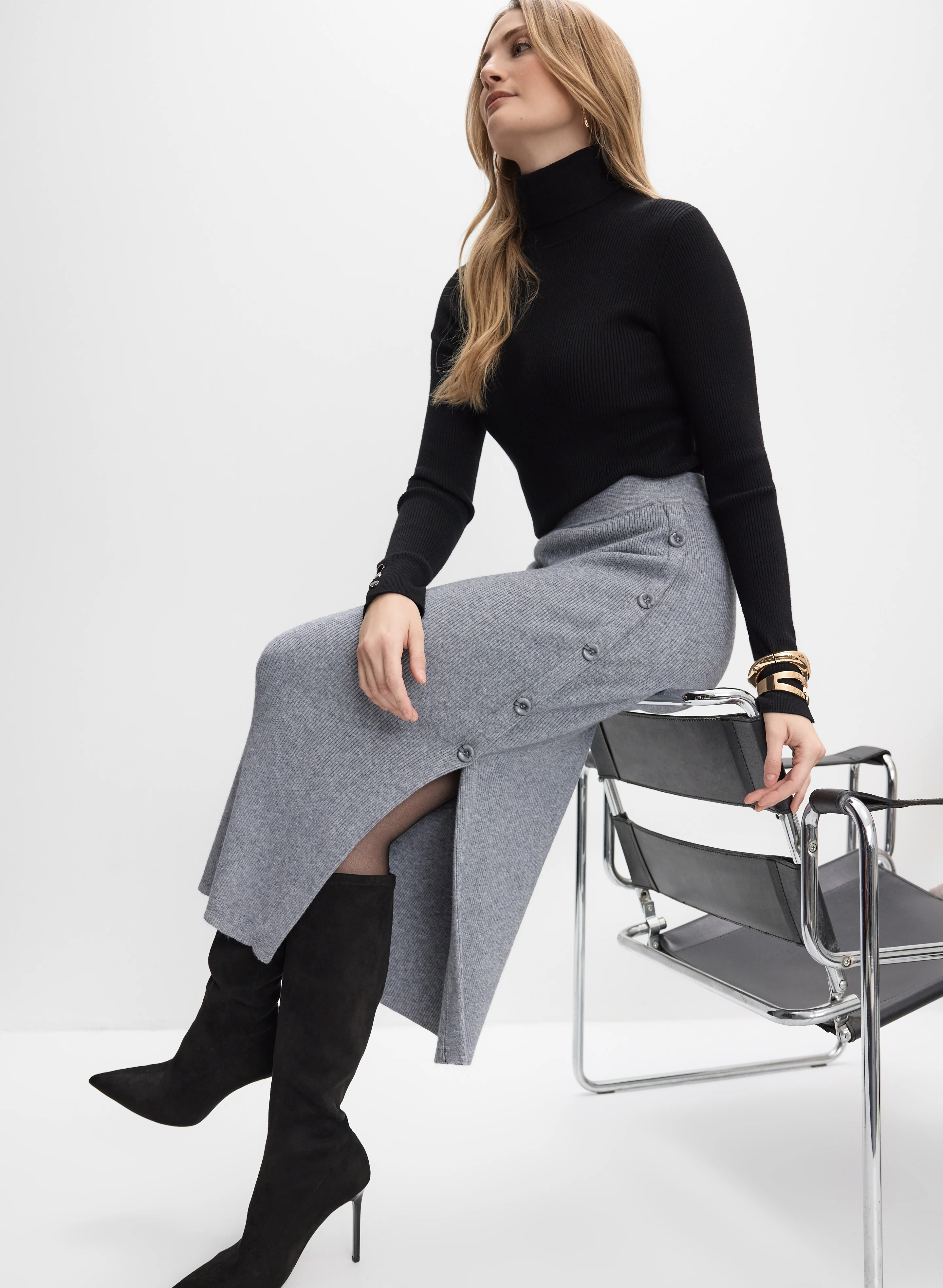 Knit Button Detail Skirt - Image 5