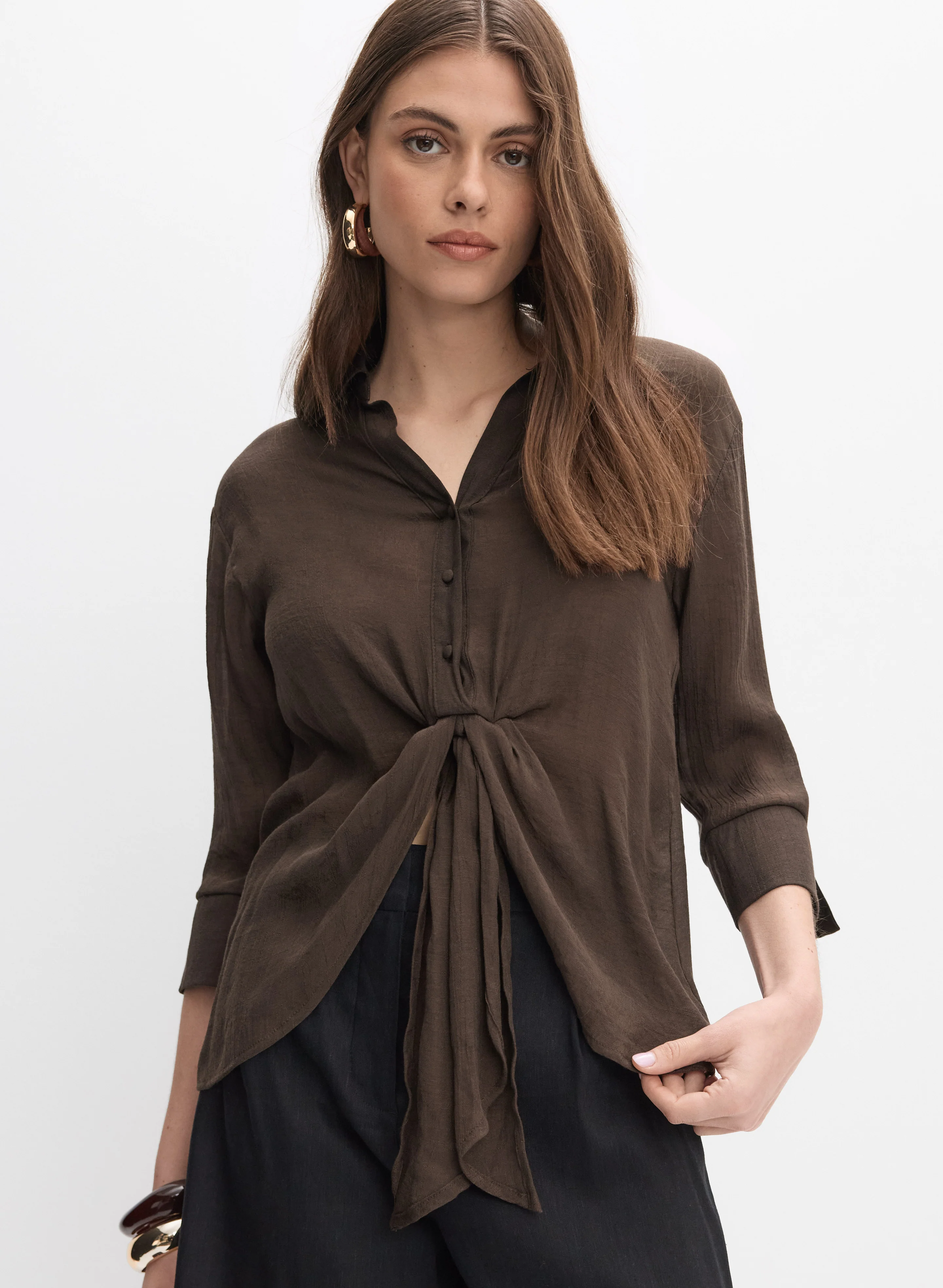 Knot-Front Button-Down Blouse