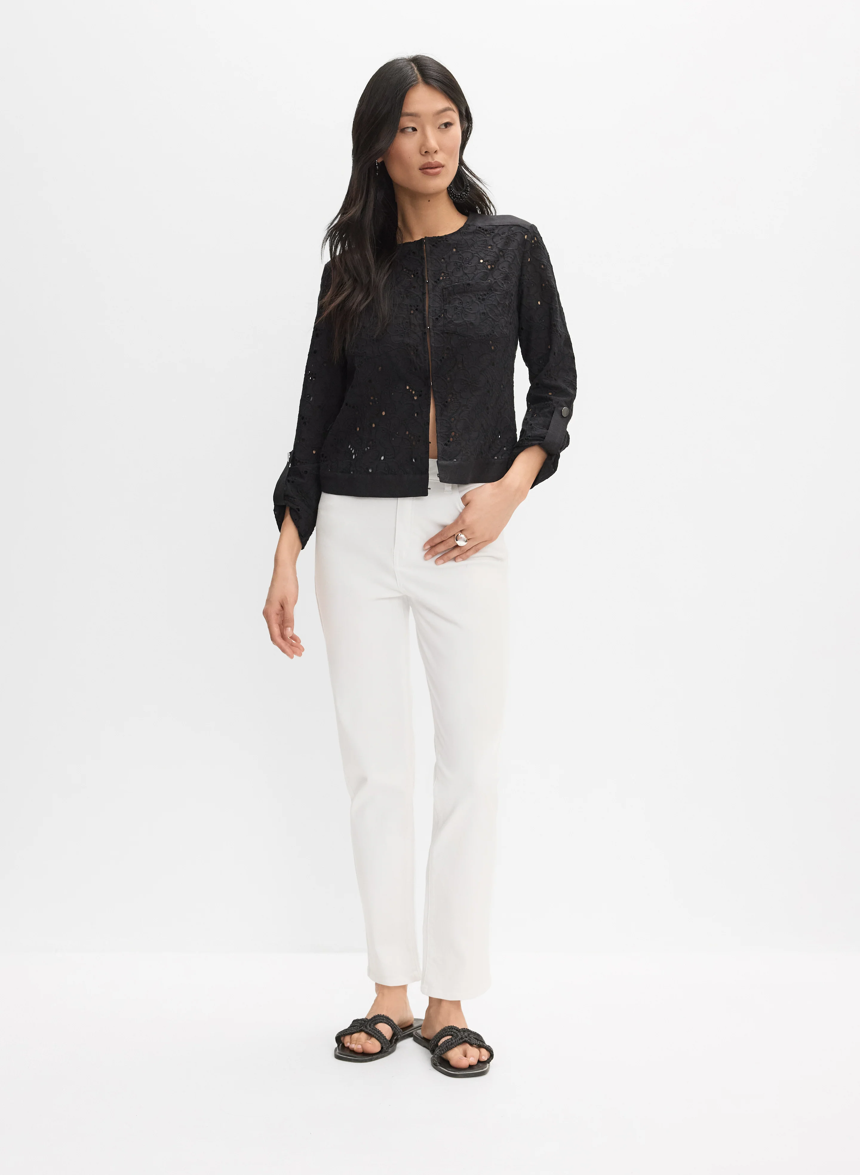Lace Crew Neck Jacket & Straight-Leg Ankle Jeans