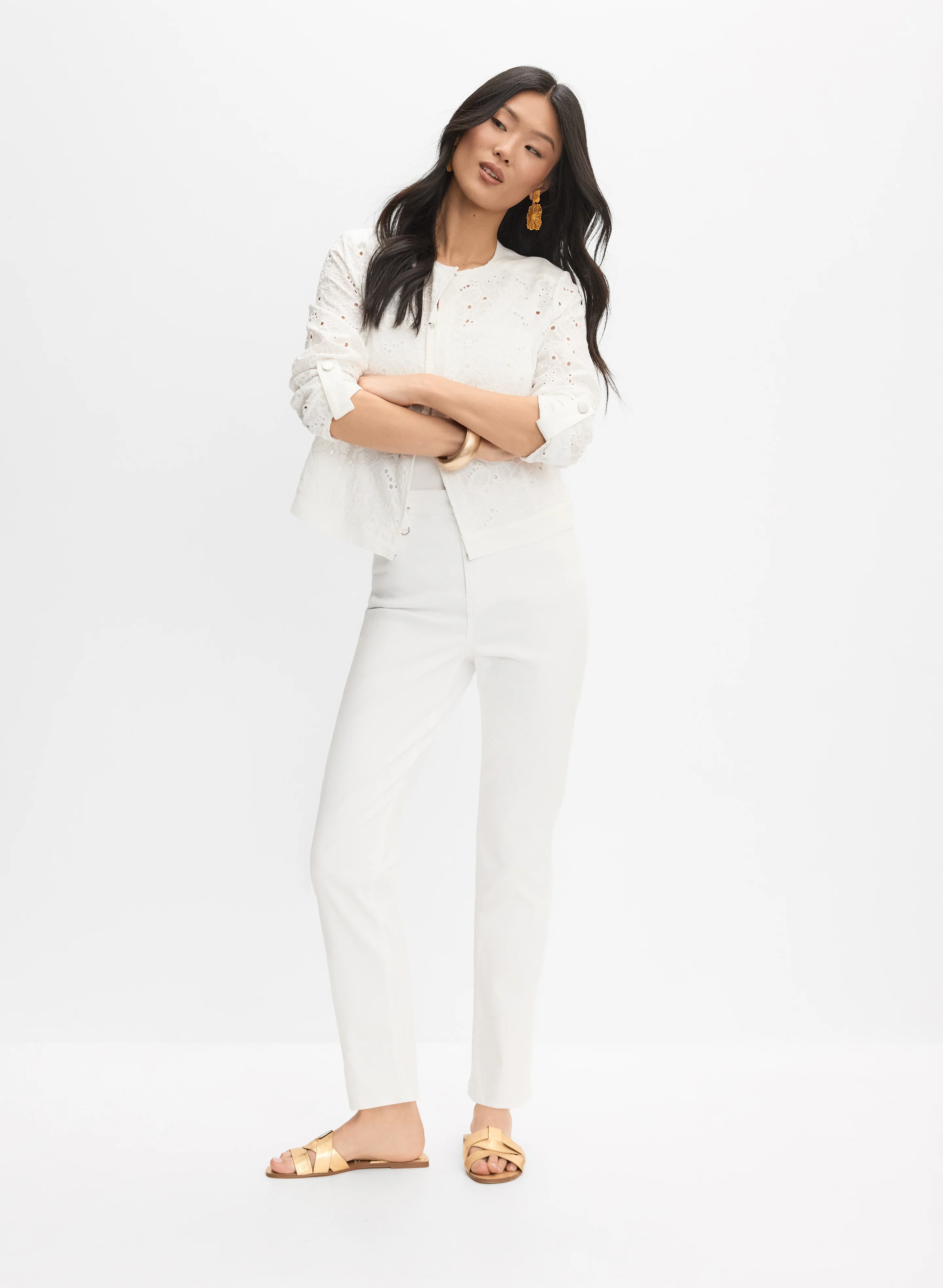 Lace Crew Neck Jacket & Straight-Leg Ankle Jeans