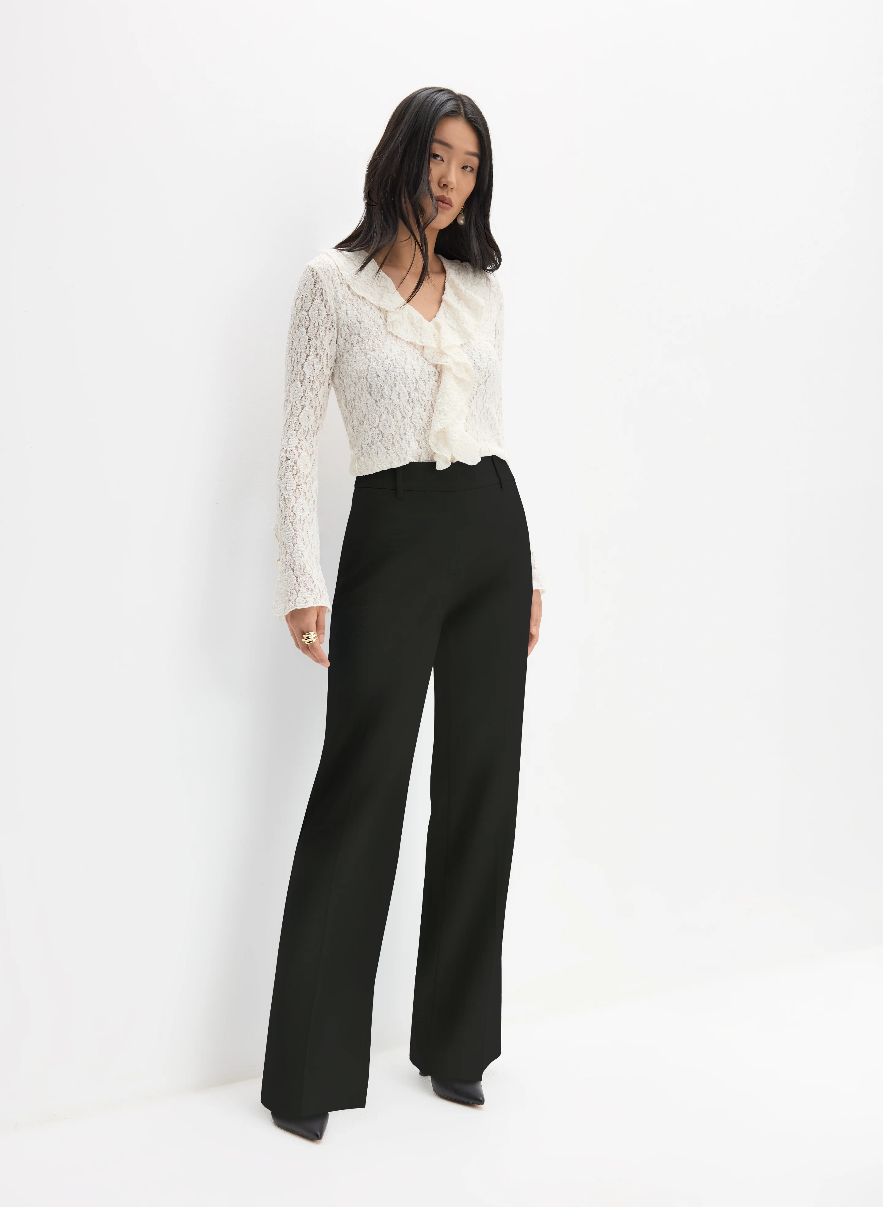 Lace Ruffle Front Top & Soho Wide-Leg Pants