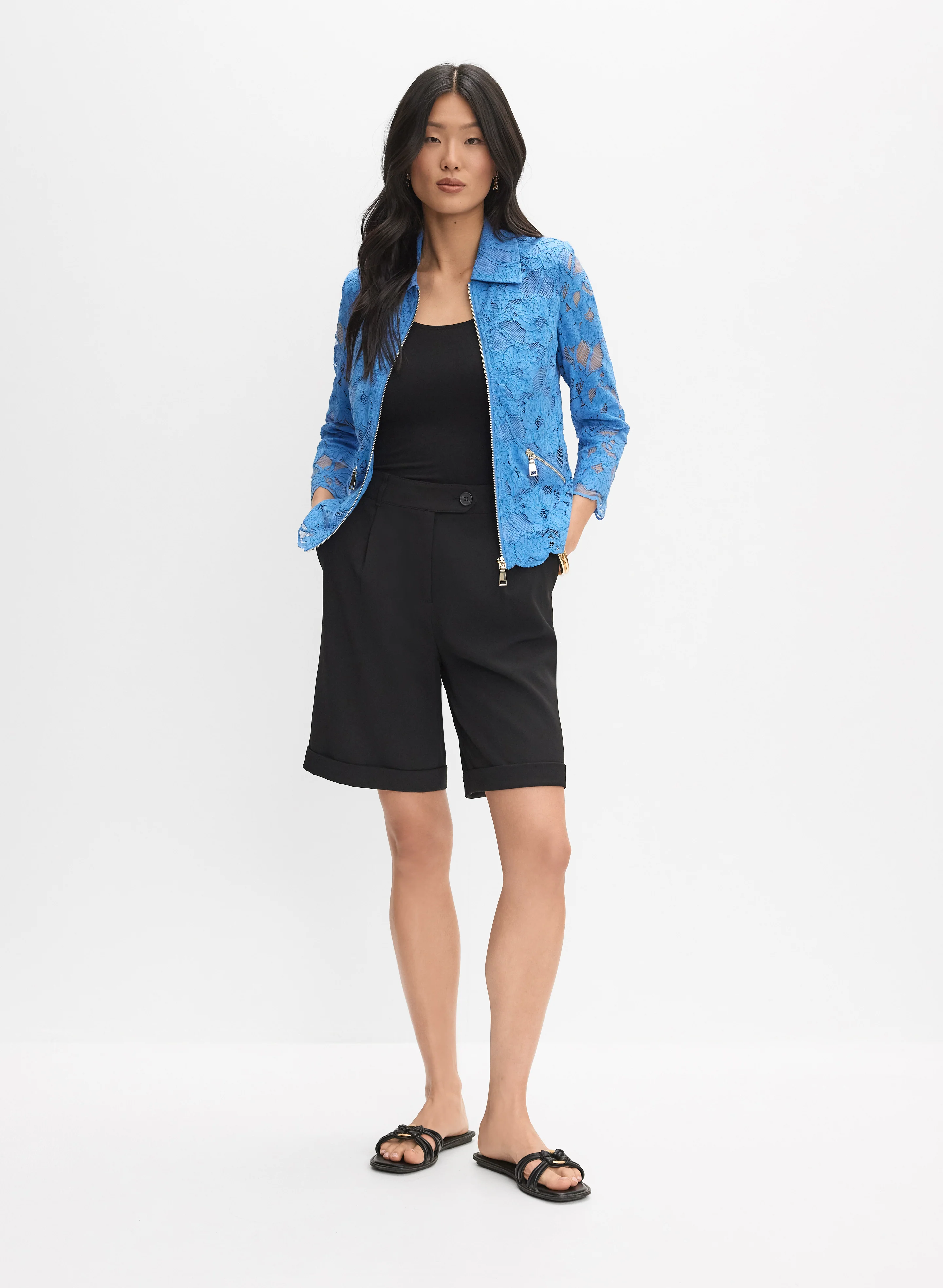 Lace Zip Jacket & Pleated Cotton-Blend Shorts