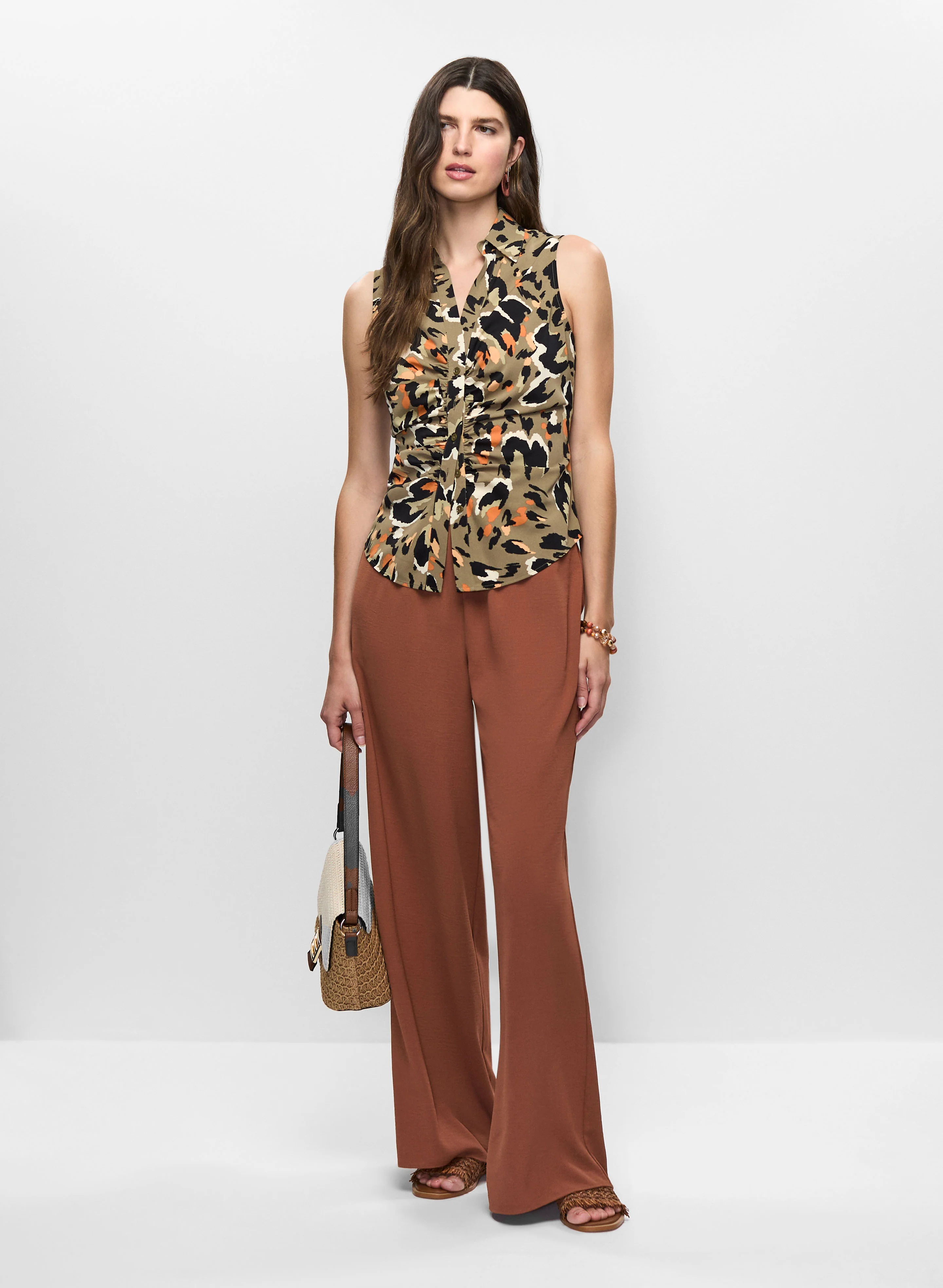 Leopard Print Sleeveless Blouse & Wide Leg Pull-On Pants