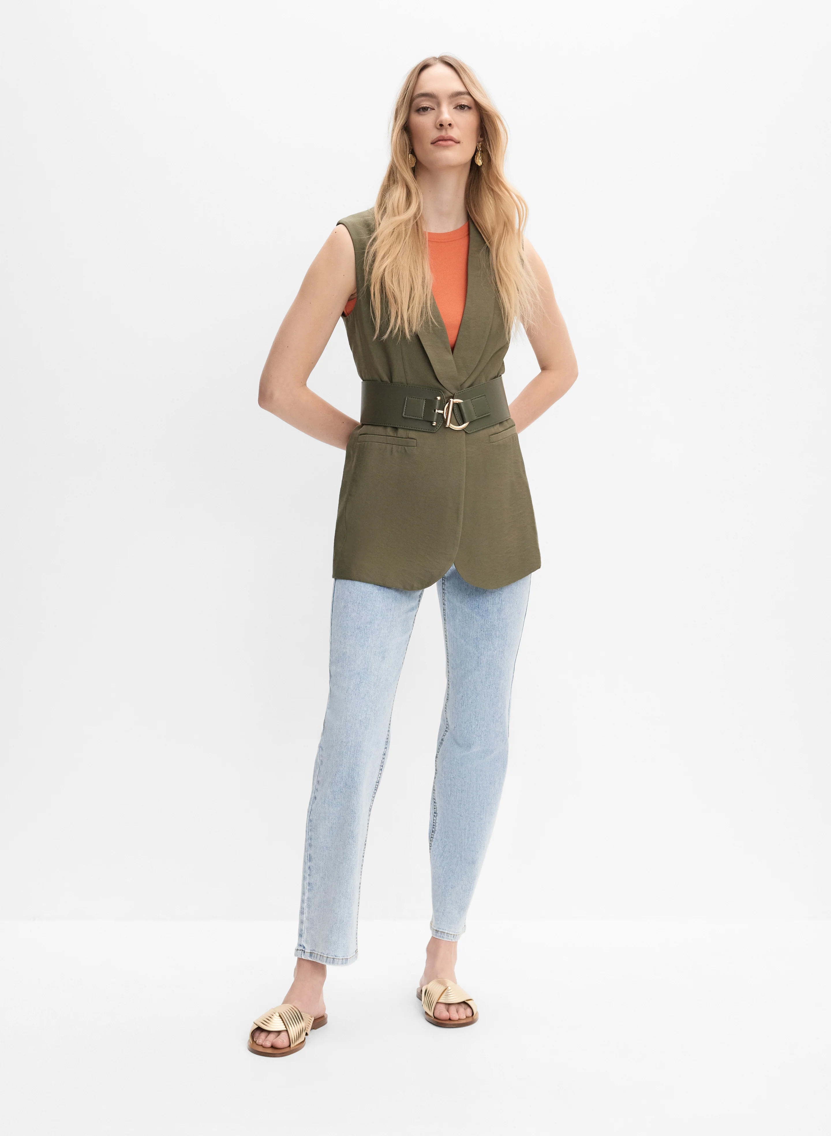 Long Belted Vest & Straight-Leg Jeans