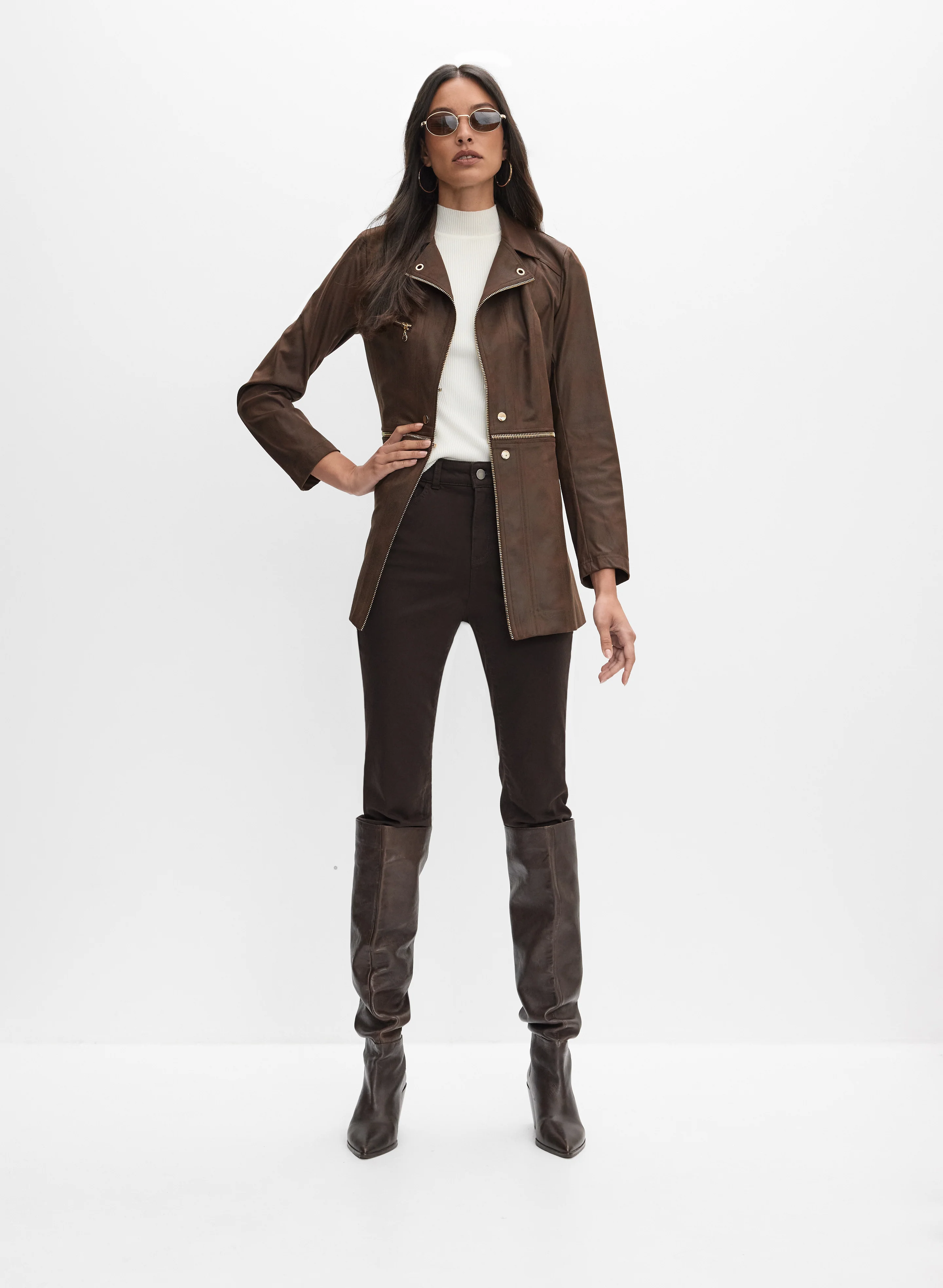 Long Faux-Suede Jacket & Straight-Leg Jeans