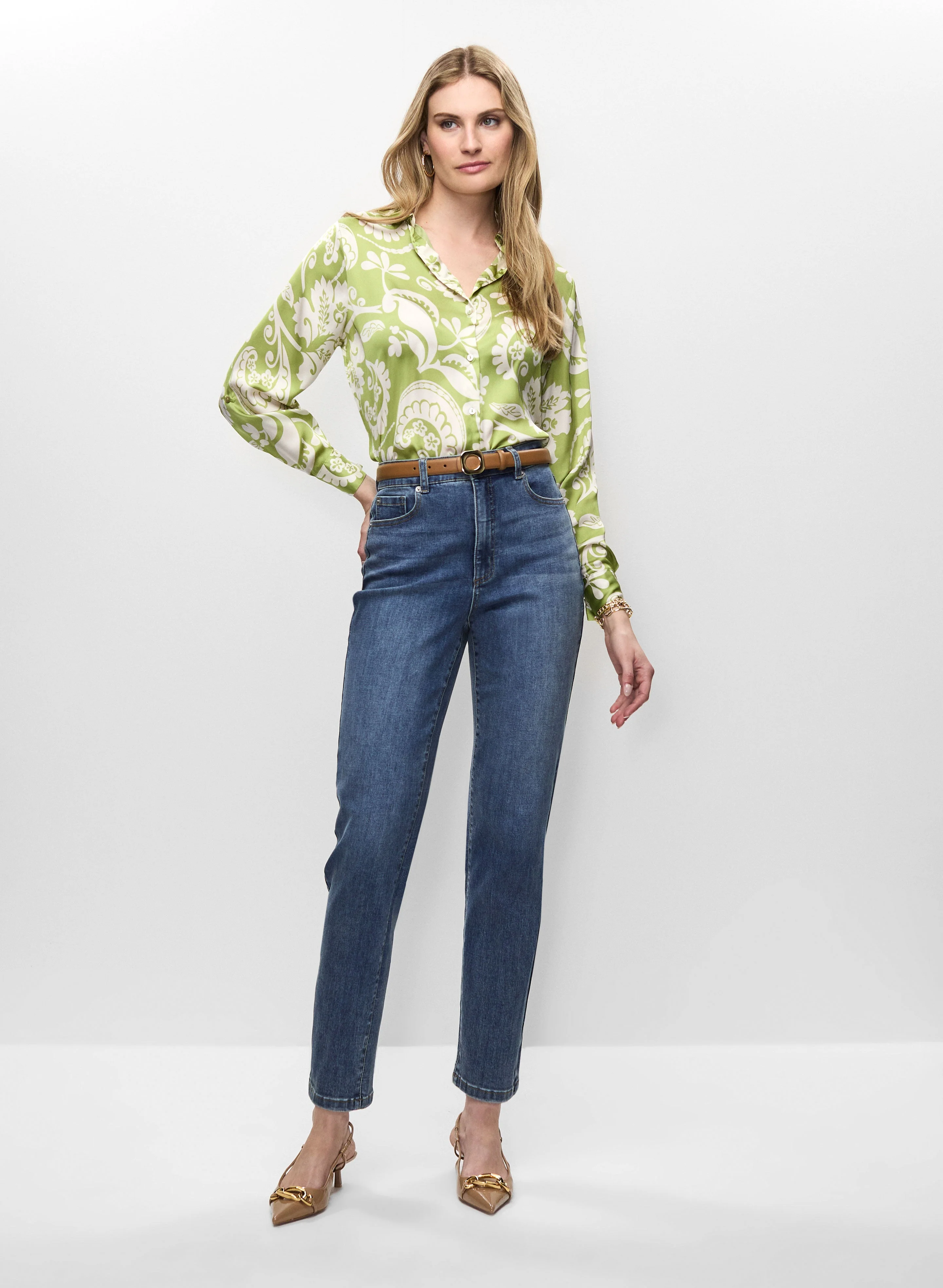 Long Sleeve Paisley Blouse & Straight Leg Jeans