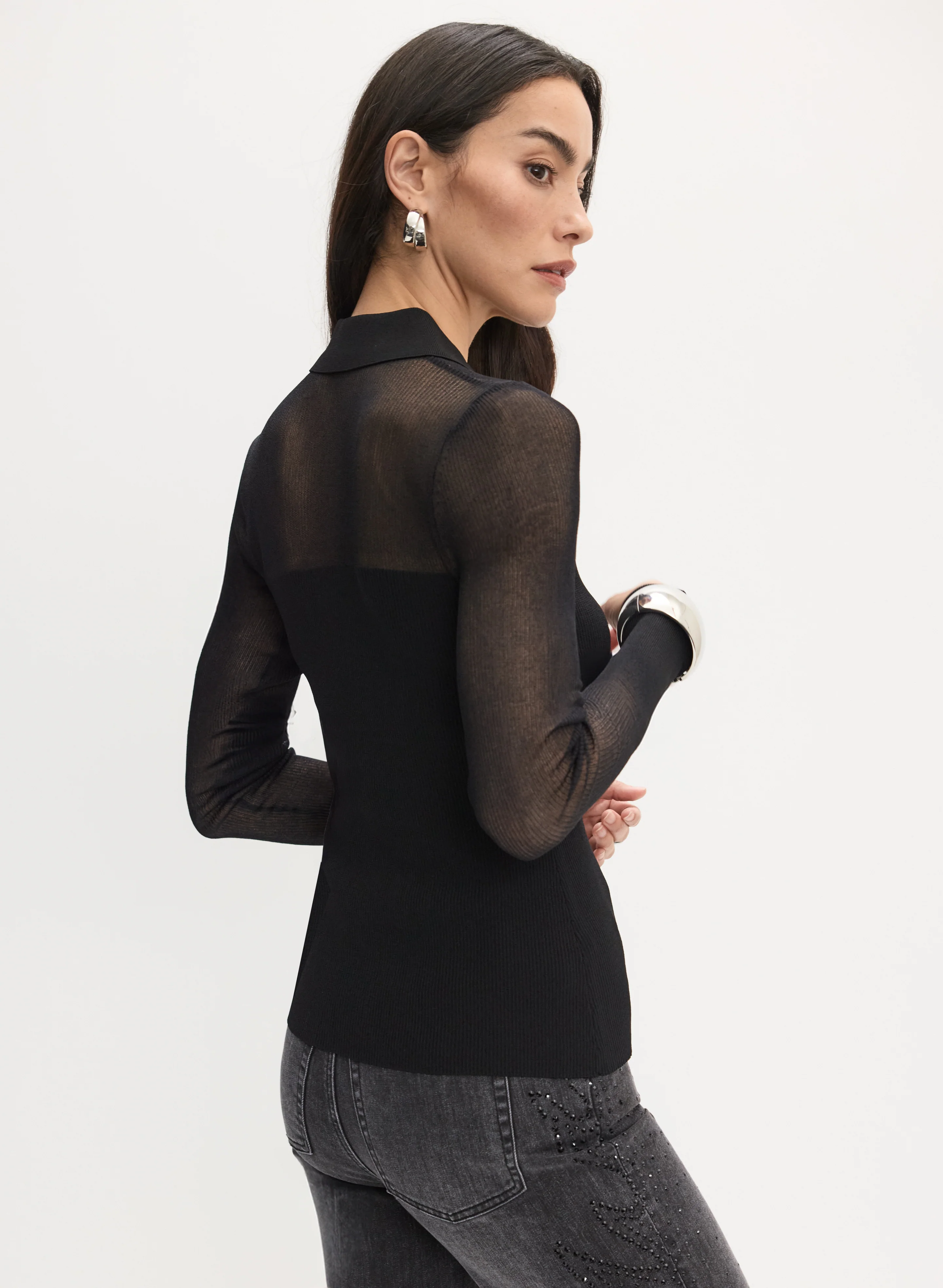 Mesh Sleeve Zip-Up Sweater - Image 4