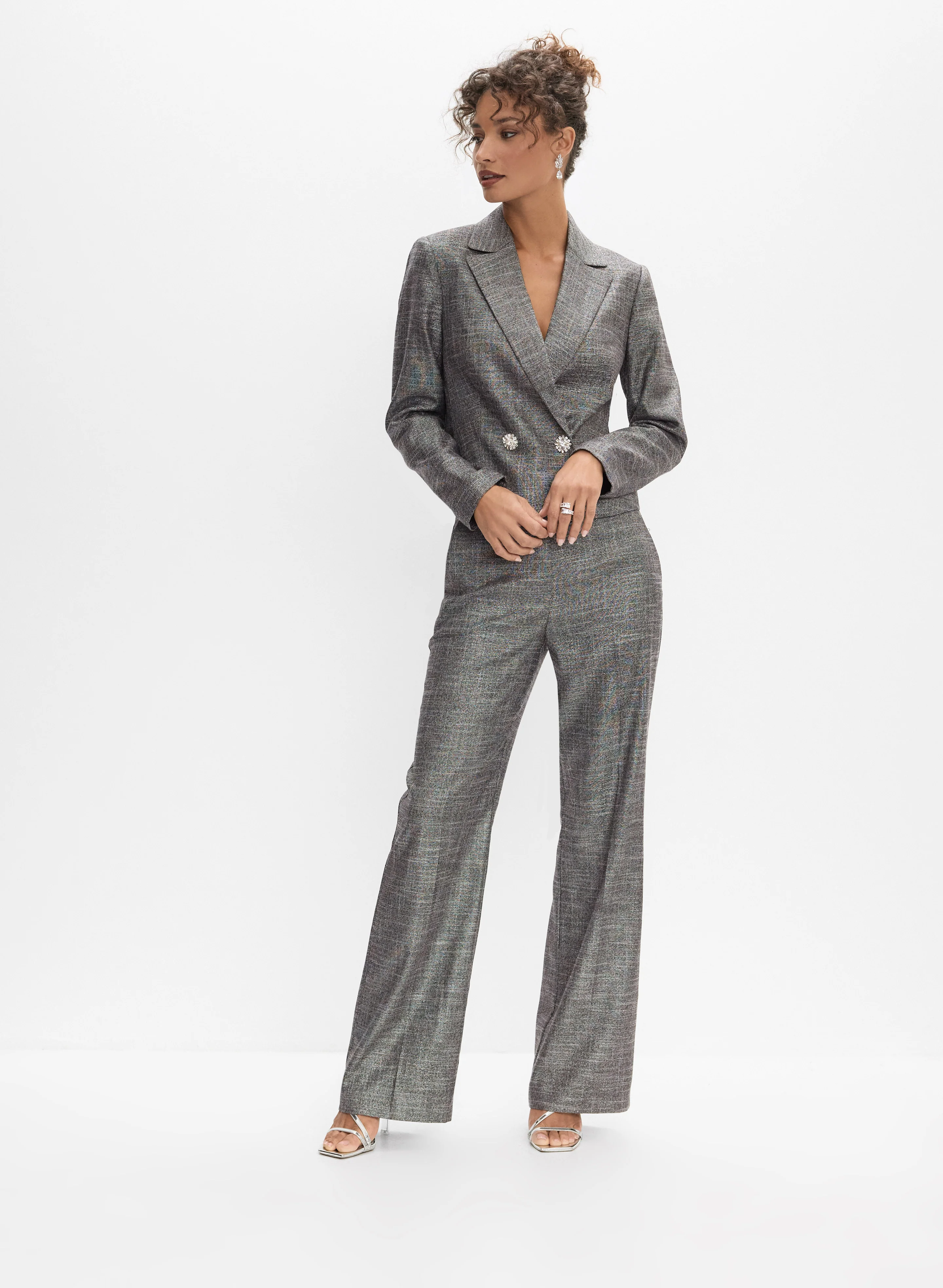 Metallic Cropped Blazer & Metallic Thread Detail Pants